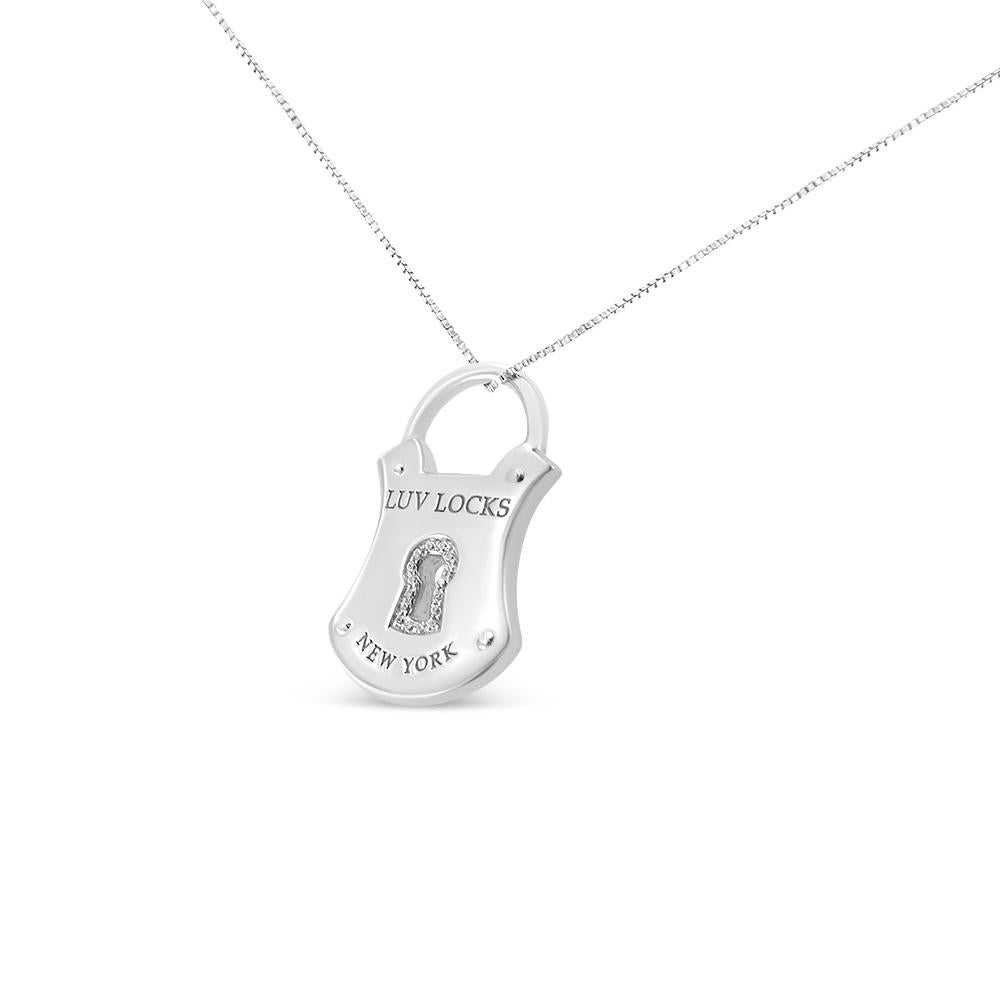 Express your affection with this lock pendant necklace that makes a romantic statement with sparkling round, prong-set diamonds. This symbolic style exudes a glistening appearance in .925 sterling silver, with diamonds of a total 1/10 cttw with an