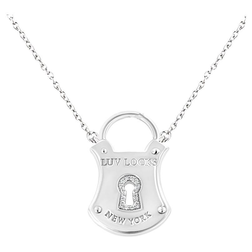 .925 Sterling Silver 1/10 Carat Diamond Lock Pendant 18" Necklace For Sale