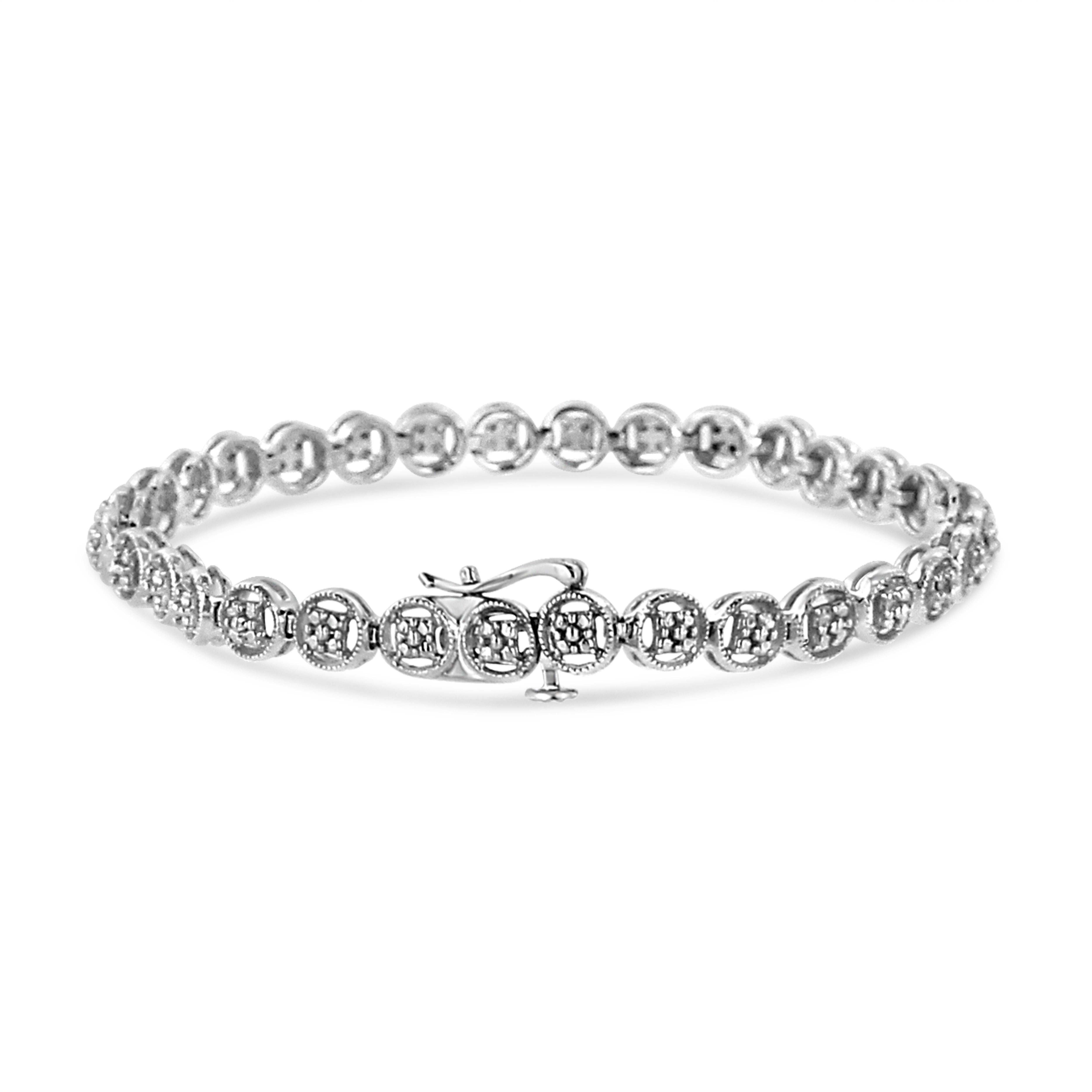 Modern .925 Sterling Silver 1/10 Carat Diamond Open Circle Wheel Link Tennis Bracelet For Sale