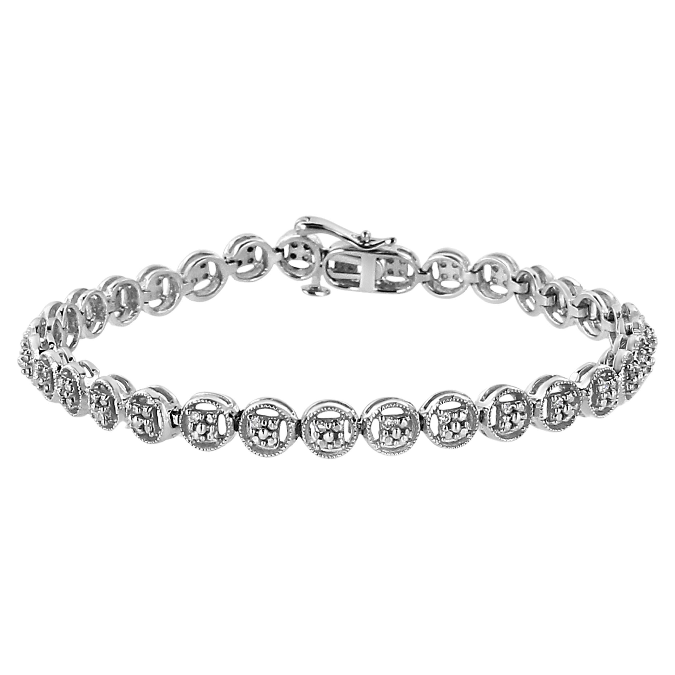 .925 Sterling Silver 1/10 Carat Diamond Open Circle Wheel Link Tennis Bracelet en vente