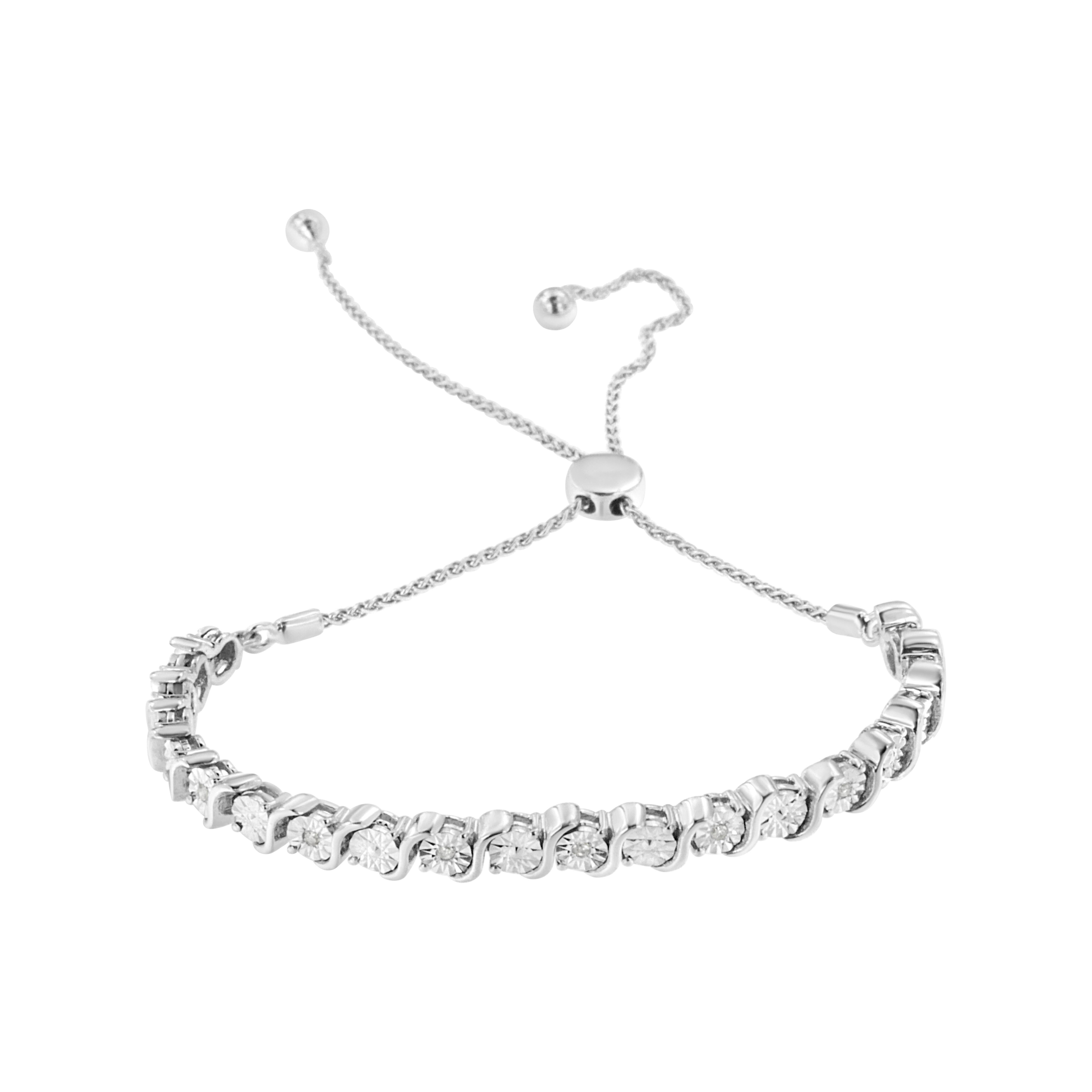 Sleek and graceful, this sparkling diamond tennis bolo adjustable bracelet is a look she'll choose to wear often. Fashioned in your .925 sterling silver, this shimmering style features a glimmering row of miracle plated set diamonds interwoven with