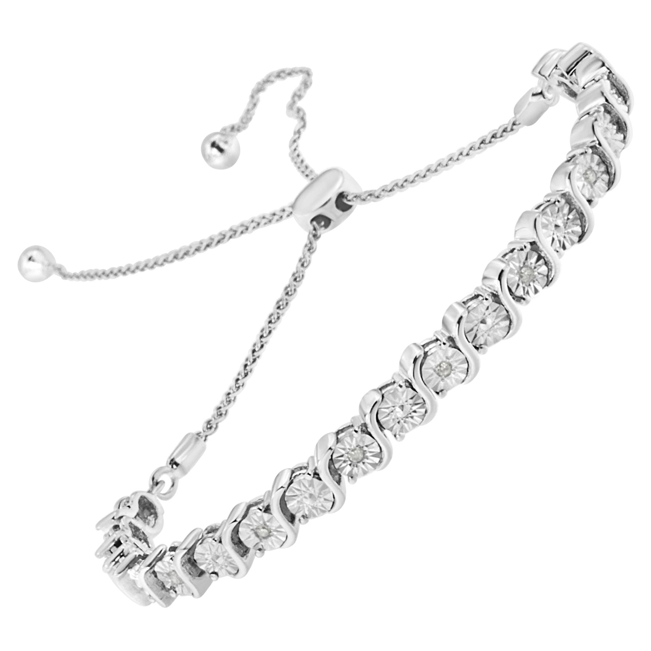 .925 Sterling Silver 1/10 Carat Diamond "S" Adjustable Link Bolo Bracelet For Sale