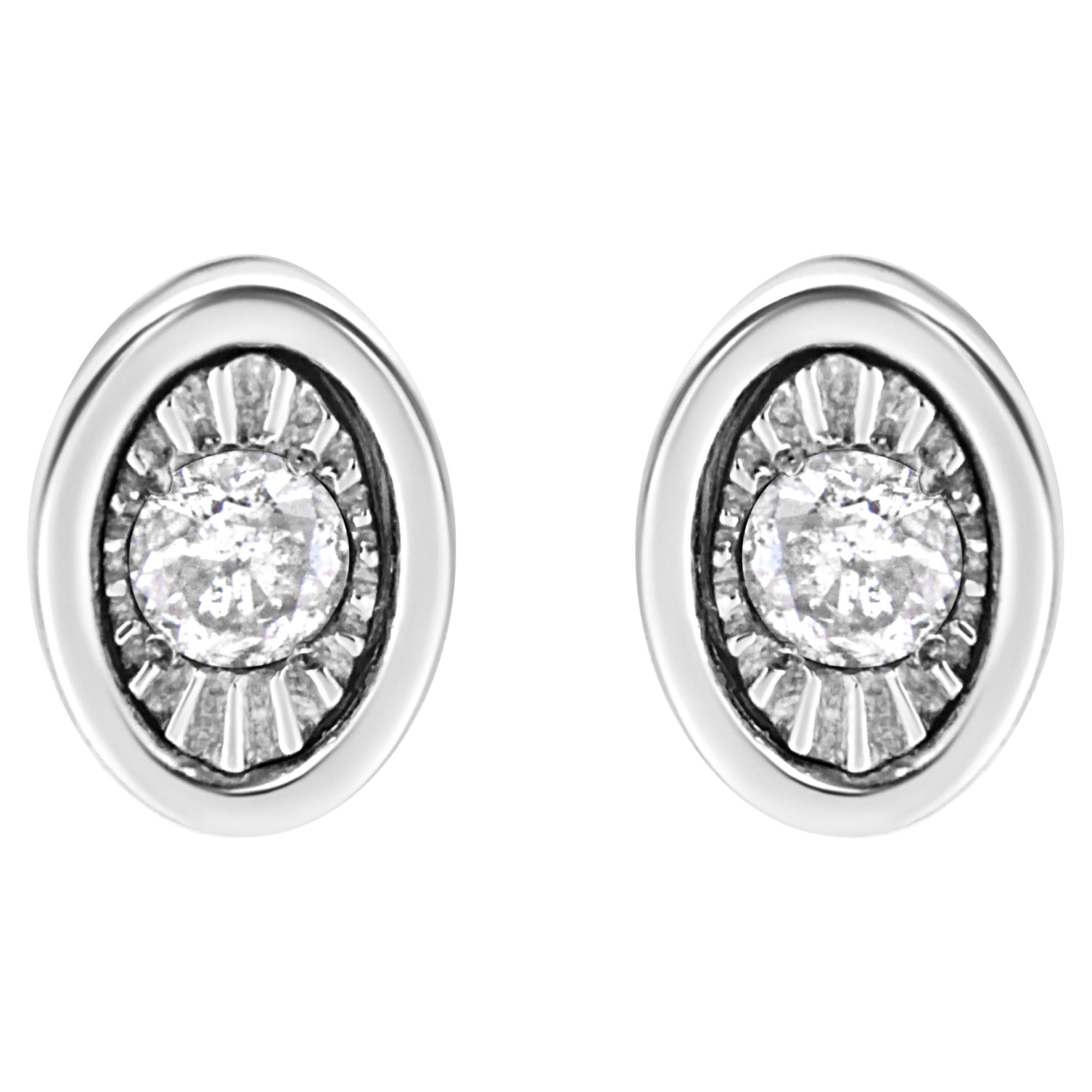 .925 Sterling Silver 1/10 Carat Miracle-Set Diamond Oval Shape Stud Earrings For Sale