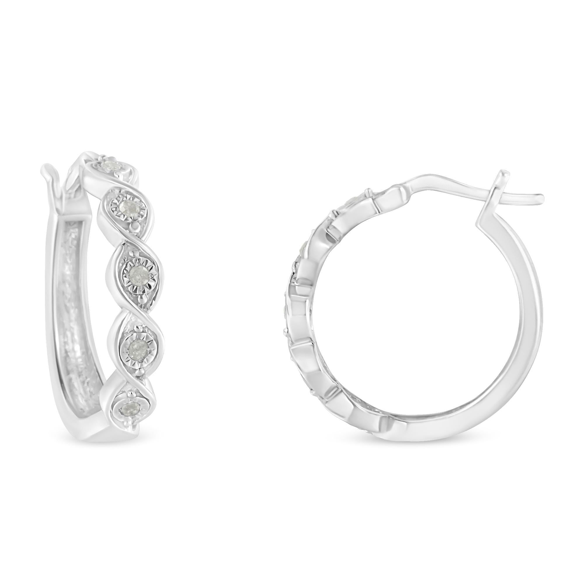 Beautiful hoop earrings made the finest .925 sterling silver and genuine diamonds with a miracle setting. They present an intertwined layer structure, where 10 rose-cut diamonds fill out the middle of each junction. There’s another layer made of