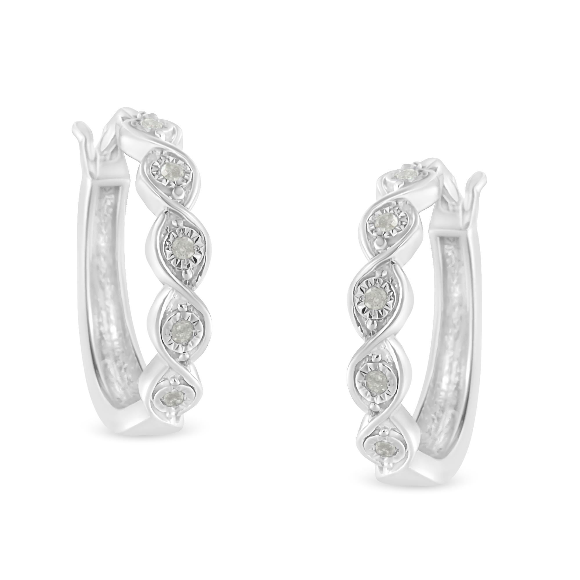 Contemporary .925 Sterling Silver 1/10 Carat Miracle-Set Diamond Swirl Hoop Earrings For Sale