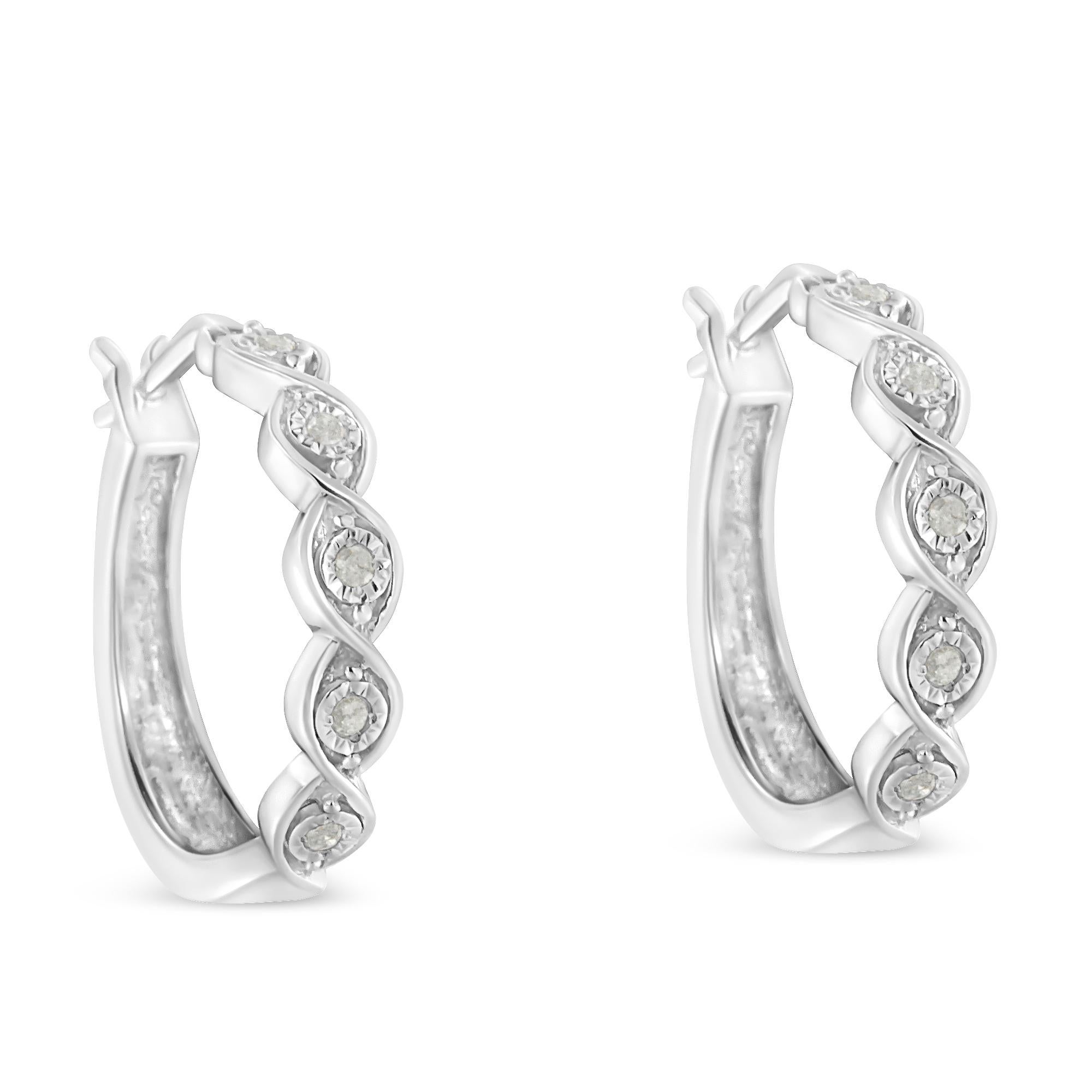 .925 Sterling Silver 1/10 Carat Miracle-Set Diamond Swirl Hoop Earrings In New Condition For Sale In New York, NY