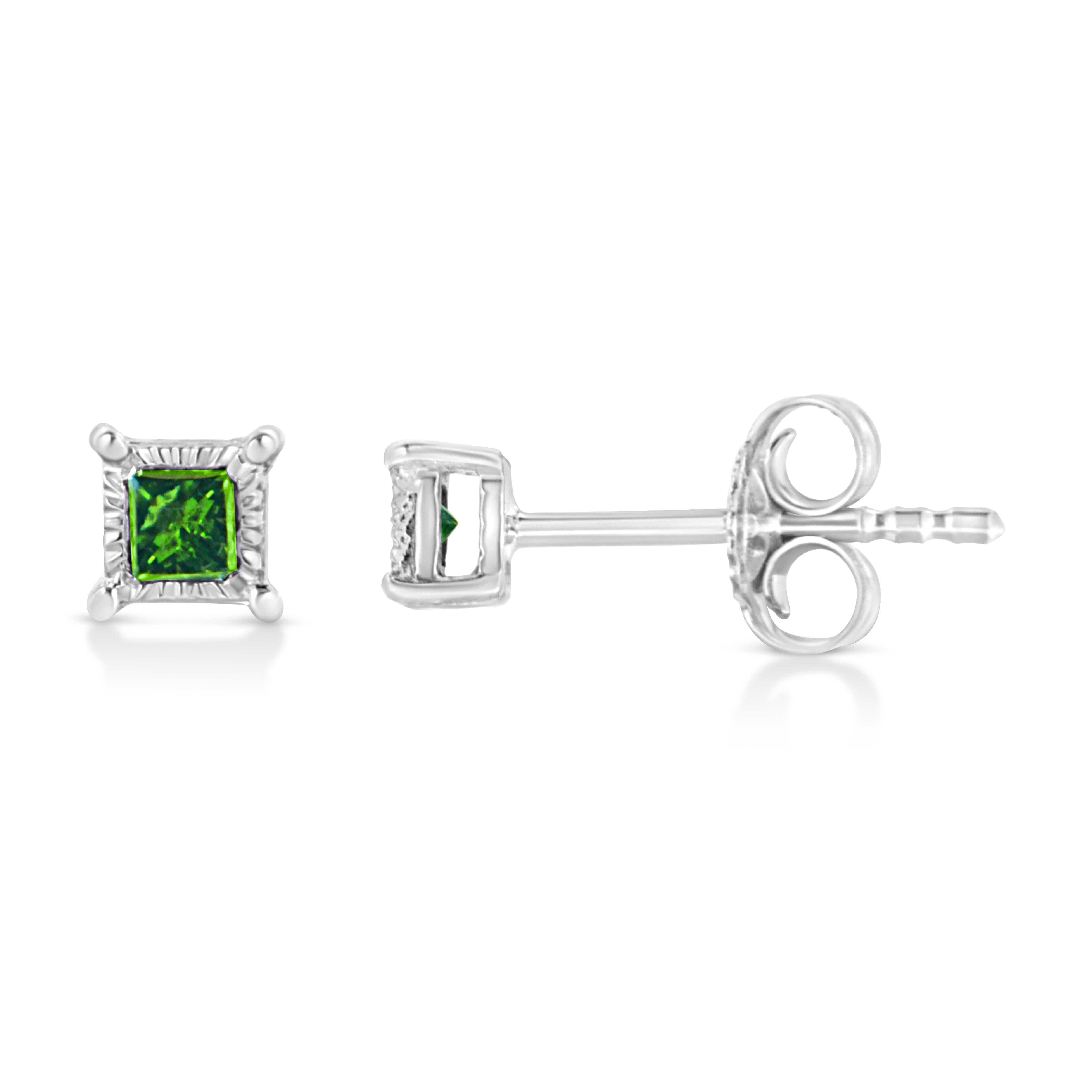 Simple is beautiful, and this pair of earrings defines this statement elegantly. Fashioned in a square shape, the earrings are crafted of alluring sterling silver. Secured with pushback mechanism, these earrings are gilded with green-hued princess
