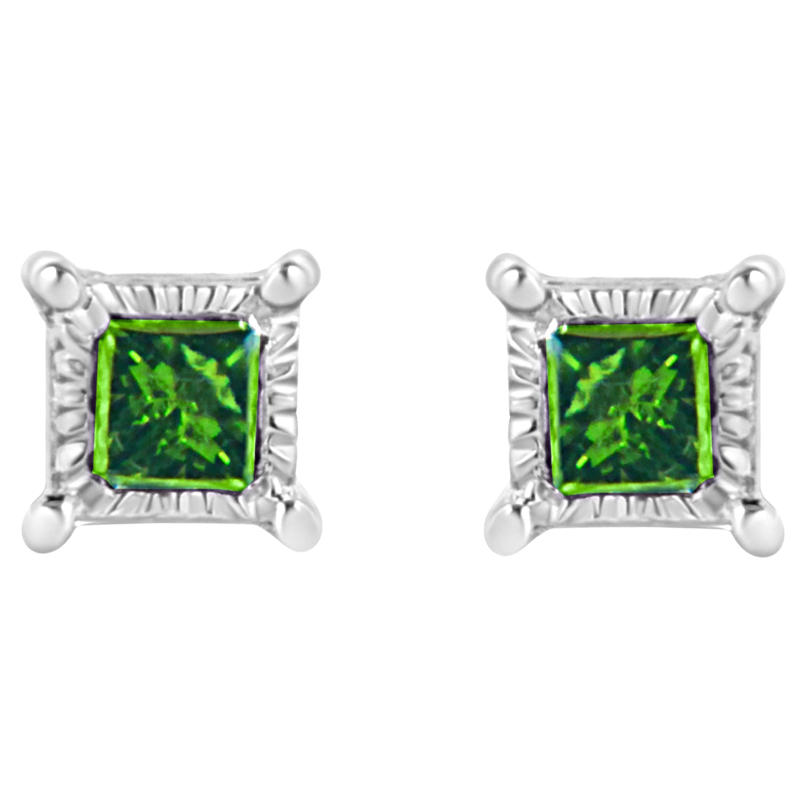 .925 Sterling Silver 1/10 Carat Princess-Cut Treated Green Diamond Stud Earrings For Sale