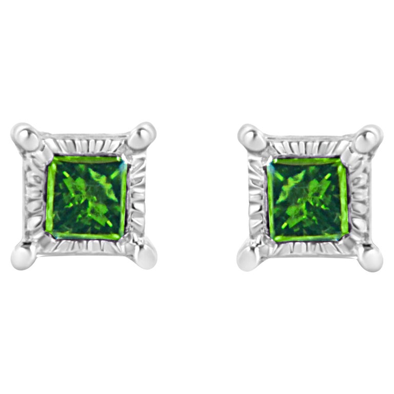 .925 Sterling Silver 1/10 Carat PrincessCut Treated Green Diamond Stud