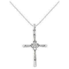 .925 Sterling Silver 1/10 Carat Prong Set Diamond Cross Pendant Necklace