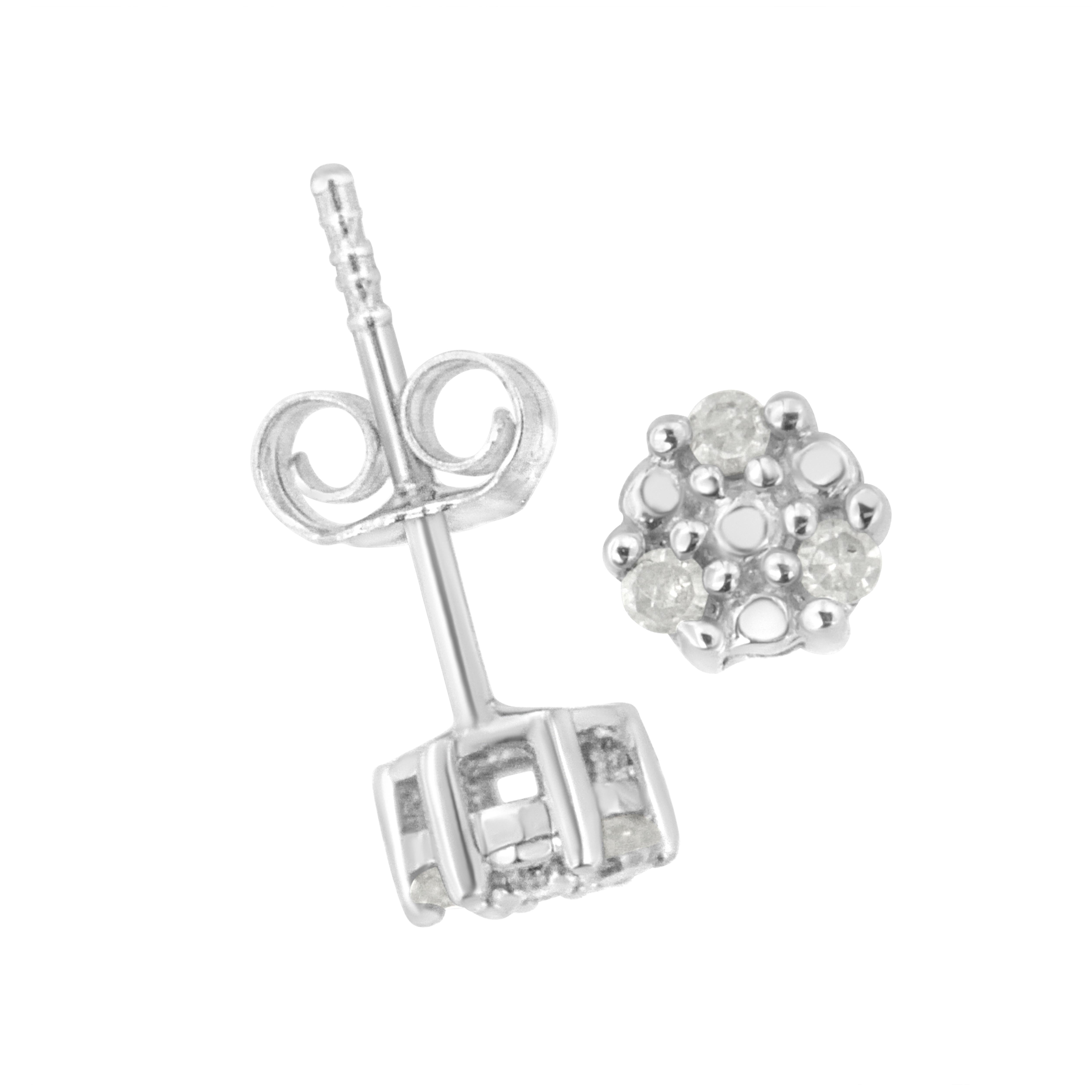 Round Cut .925 Sterling Silver 1/10 Carat Prong Set Round-Cut Trio Diamond Stud Earrings For Sale