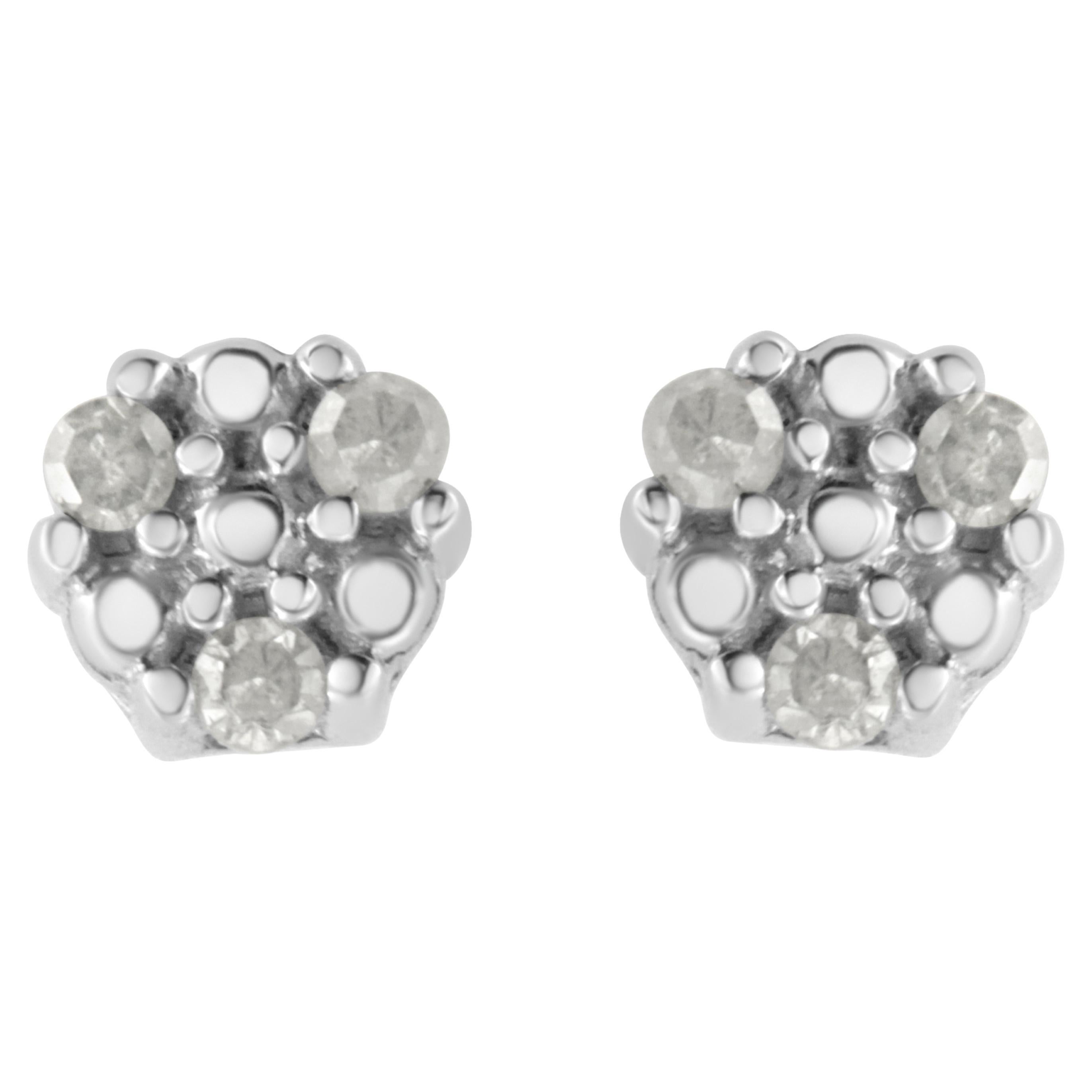 .925 Sterling Silver 1/10 Carat Prong Set Round-Cut Trio Diamond Stud Earrings For Sale