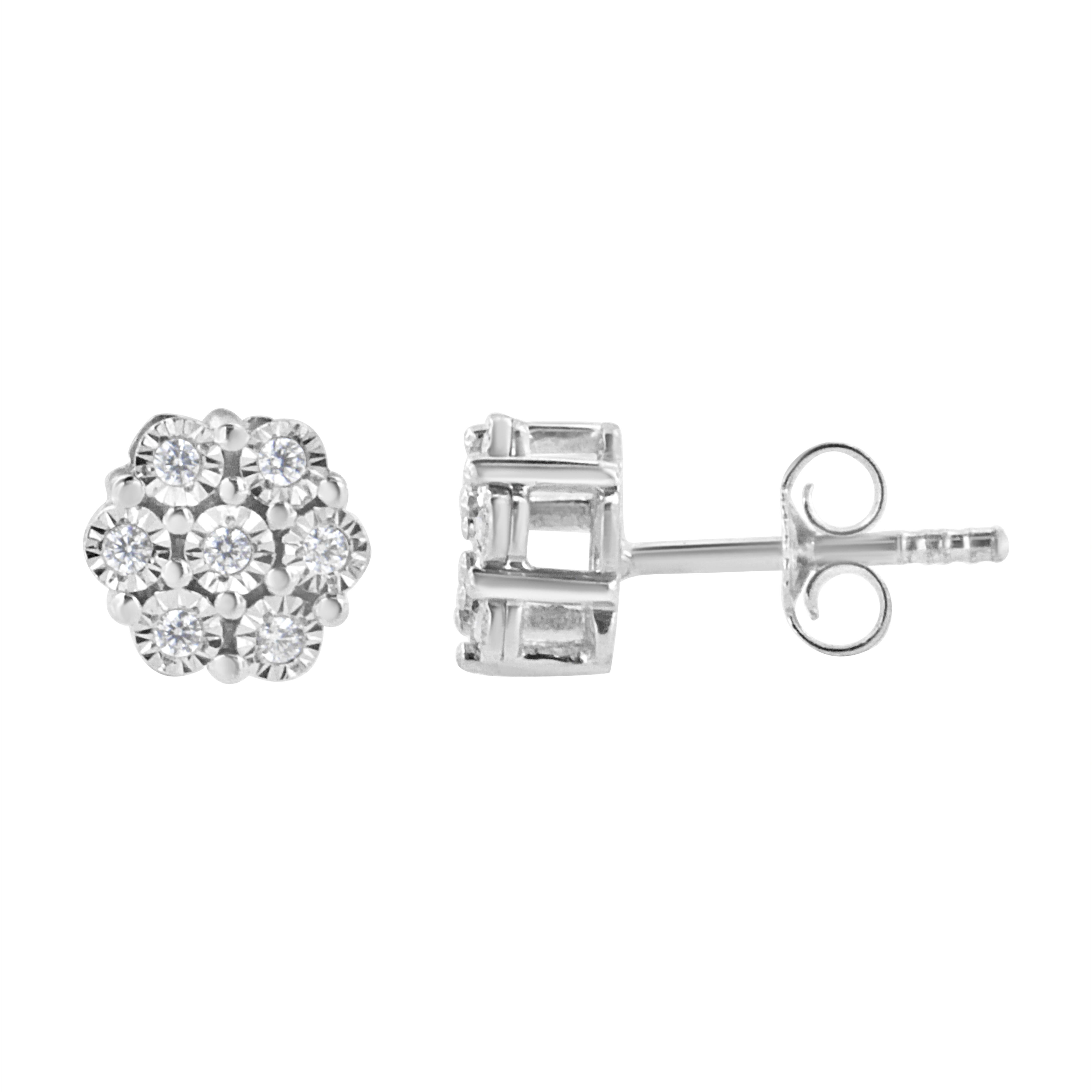 These flower accent stud earrings are embellished with diamonds in a miracle setting to make up a classic and elegant look. These beautiful stud earrings are made up of 14 rose-cut promo quality diamonds, which are the lowest on the diamond color