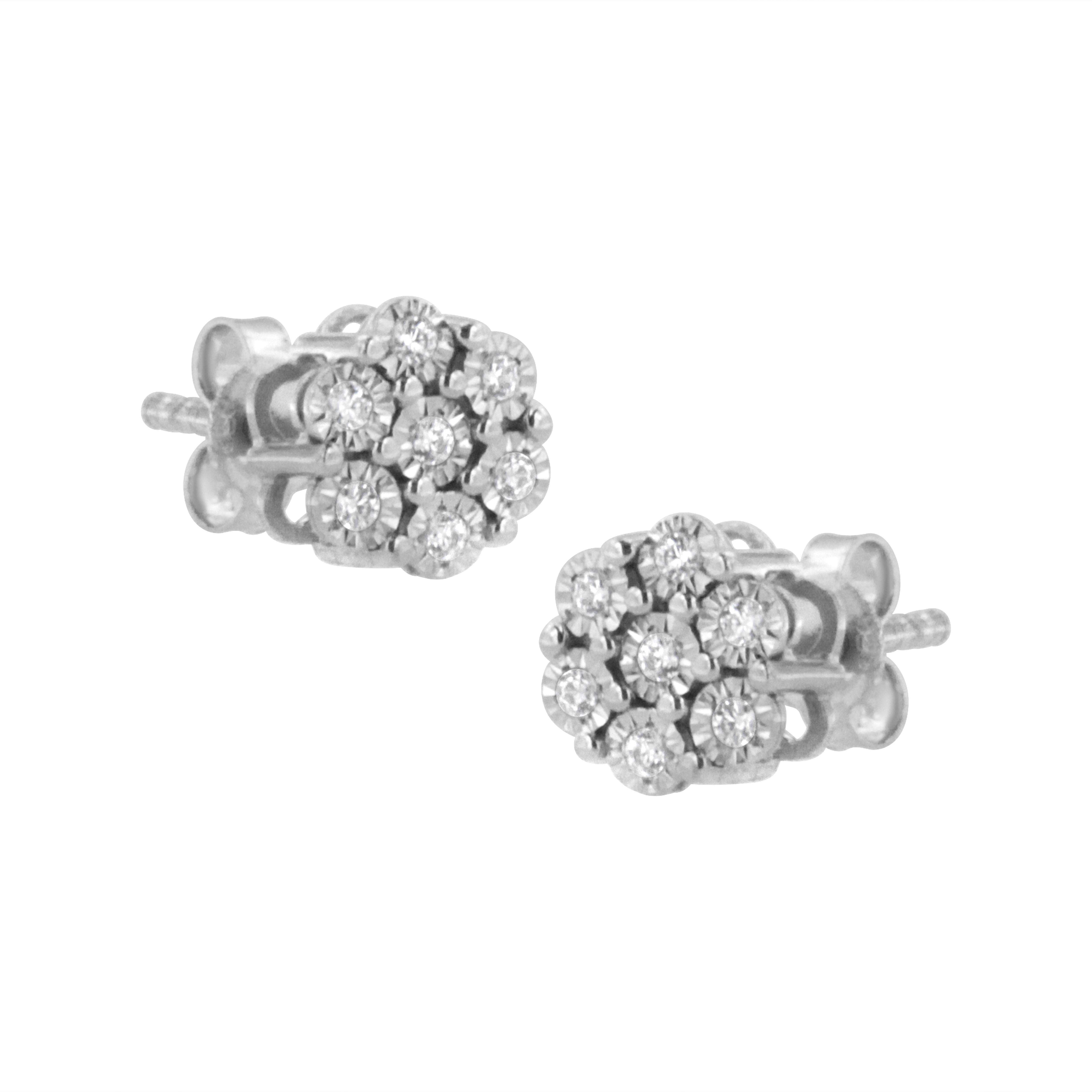 Contemporary .925 Sterling Silver 1/10 Carat Rose-Cut Diamond Floral Cluster Stud Earring For Sale