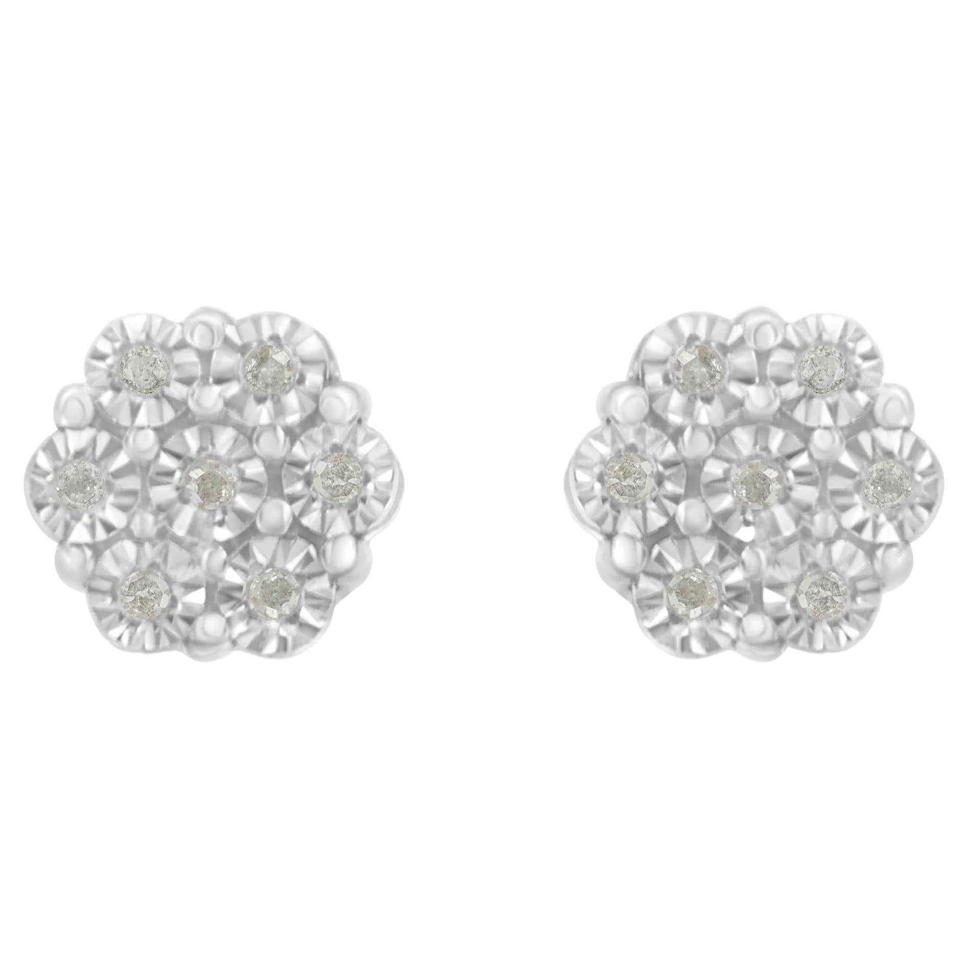 .925 Sterling Silver 1/10 Carat Rose-Cut Diamond Floral Cluster Stud Earring For Sale