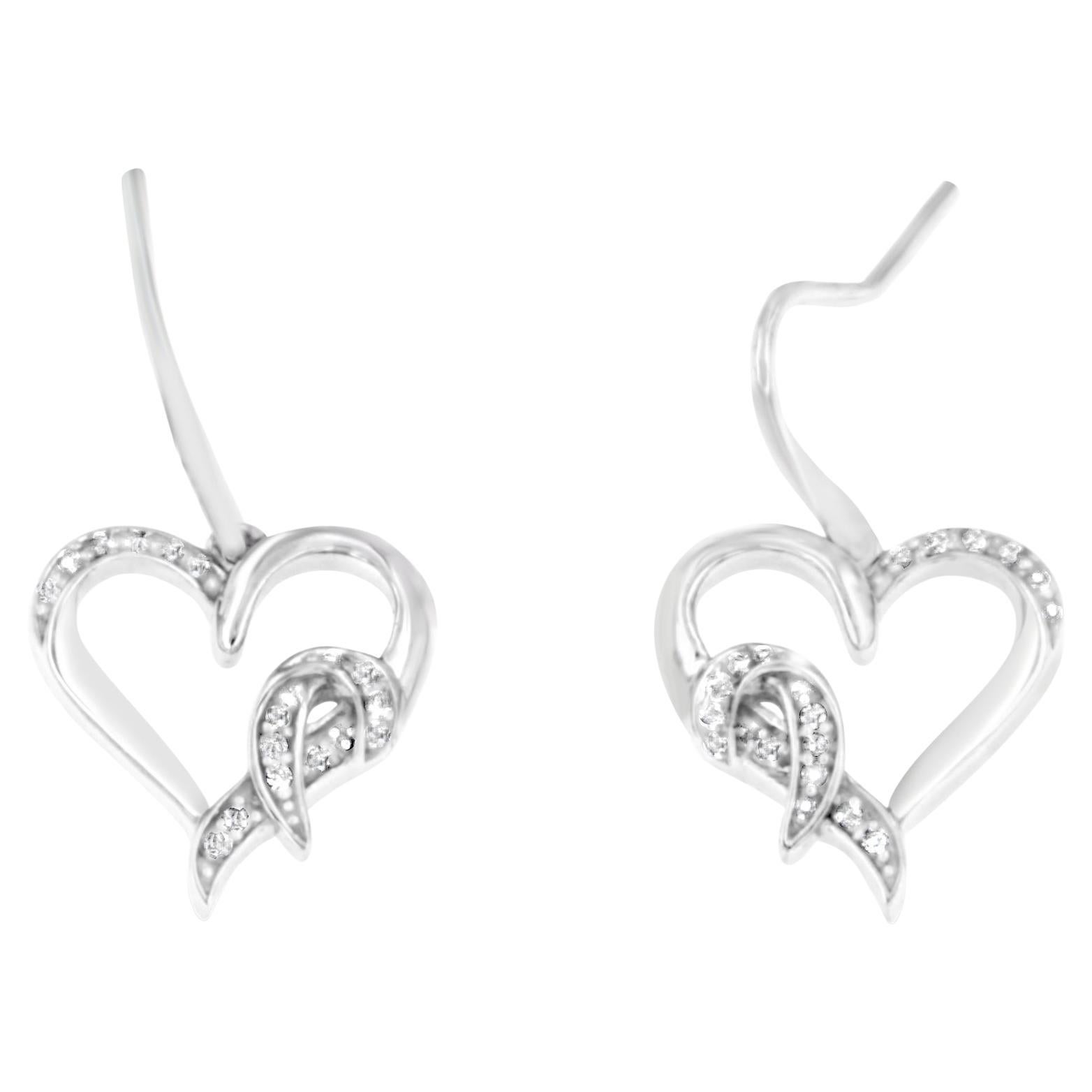 .925 Sterling Silver 1/10 Carat Round Cut Diamond Heart Dangle Earrings For Sale