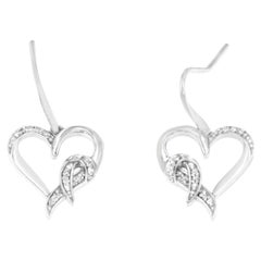 .925 Sterling Silver 1/10 Carat Round Cut Diamond Heart Dangle Earrings