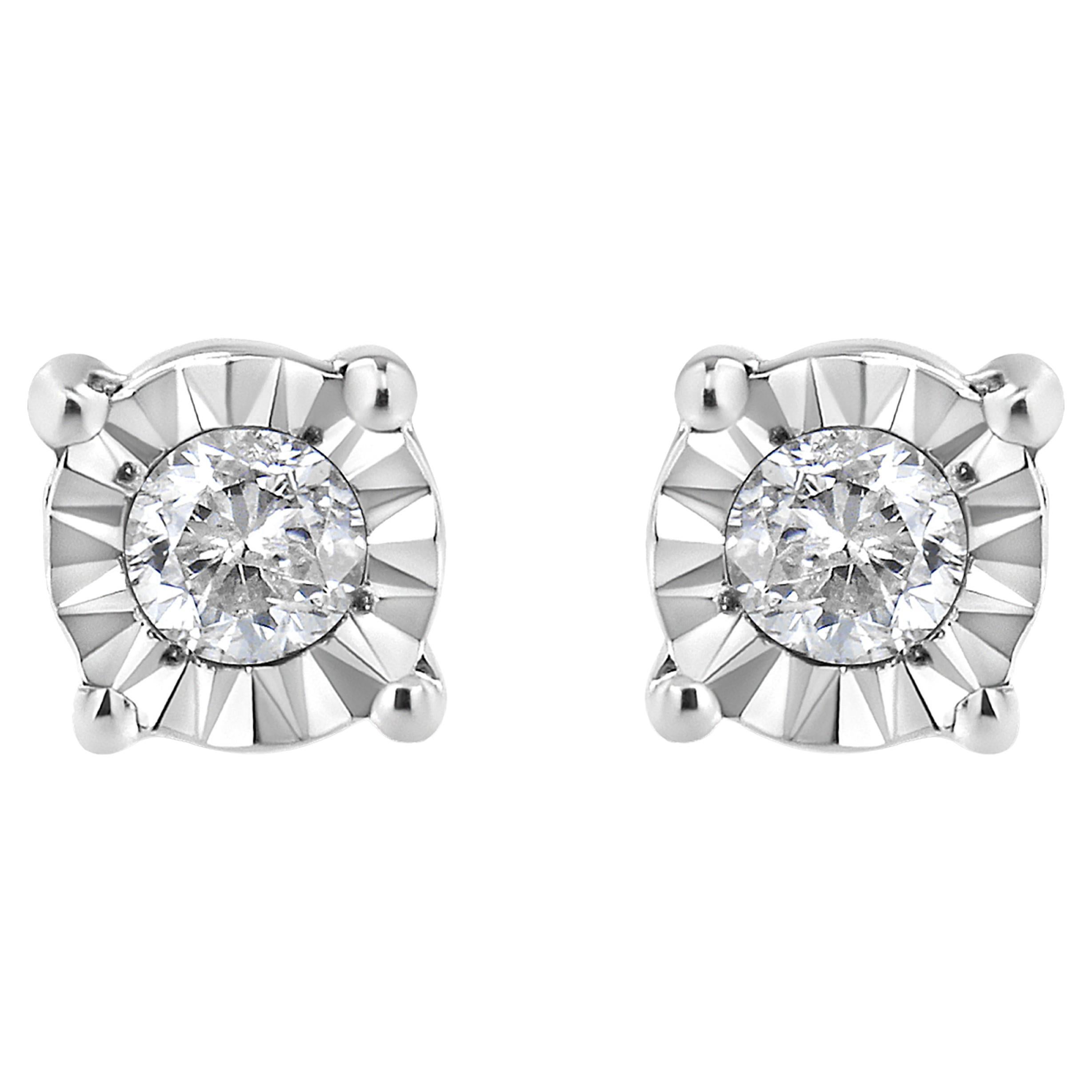 .925 Sterling Silver 1/10 Carat Round-Cut Diamond Miracle-Plated Stud Earrings For Sale
