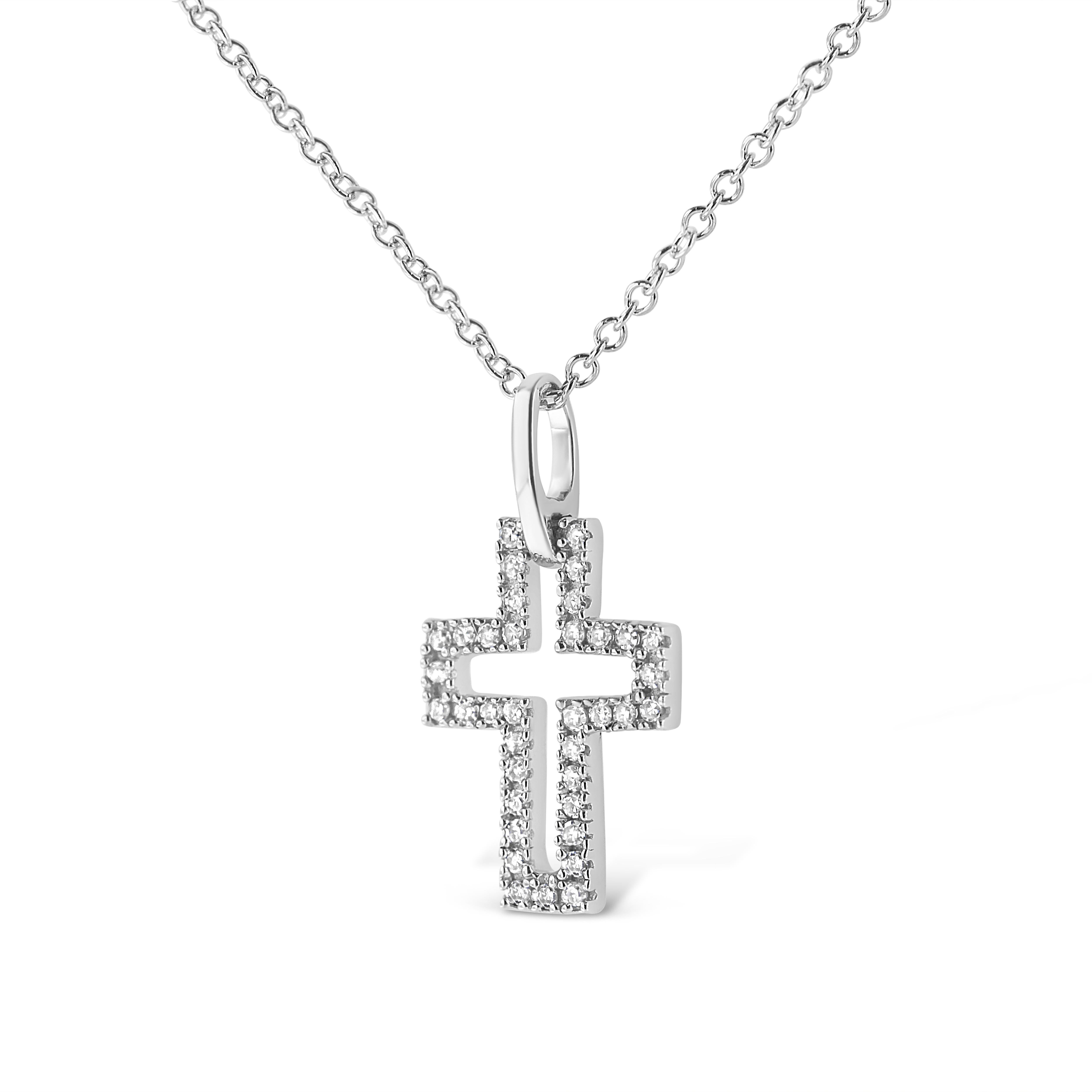 Round Cut .925 Sterling Silver 1/10 Carat Round-Cut Diamond Open Cross Pendant Necklace For Sale
