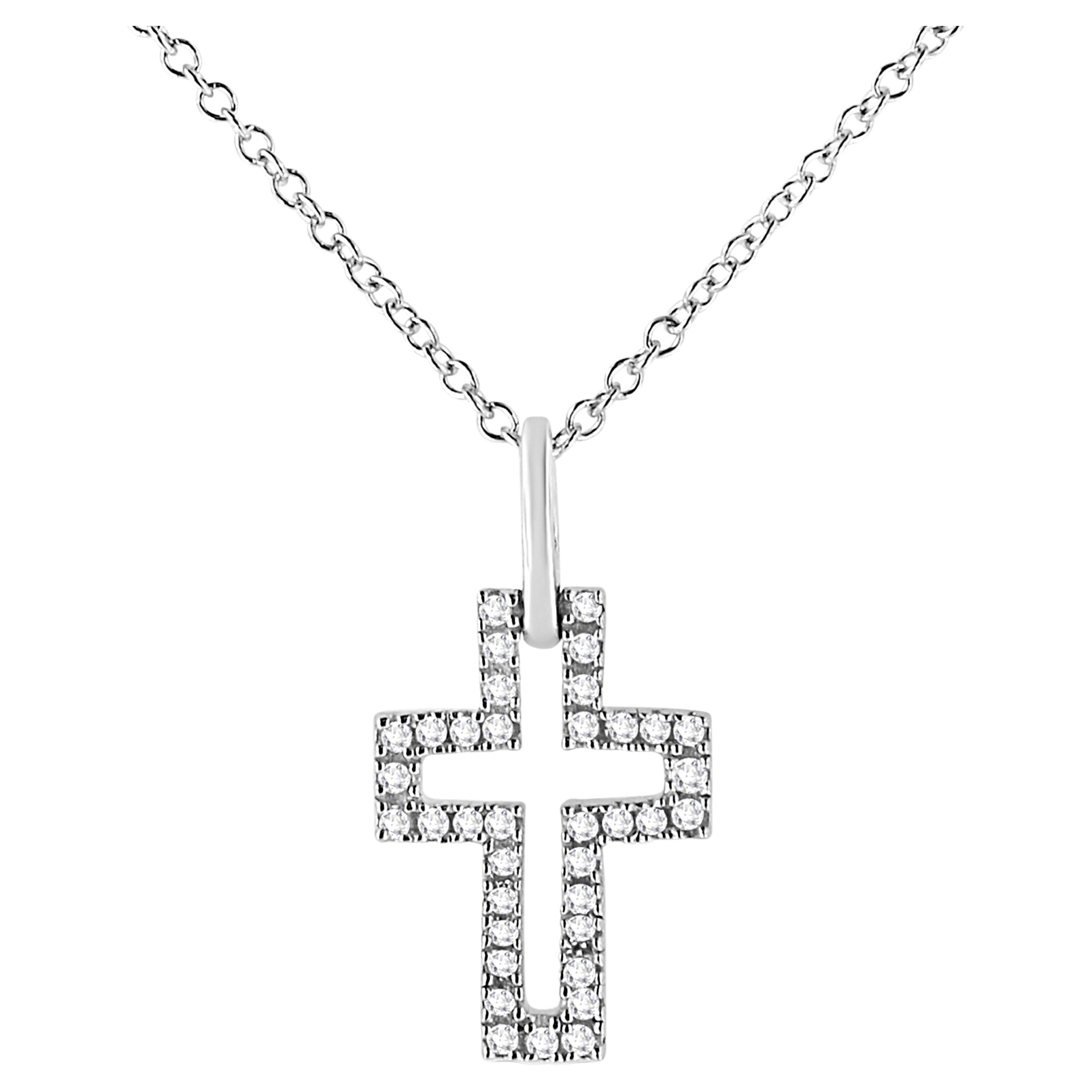 .925 Sterling Silver 1/10 Carat Round-Cut Diamond Open Cross Pendant Necklace