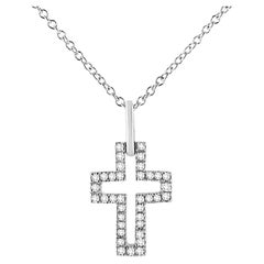 .925 Sterling Silver 1/10 Carat Round-Cut Diamond Open Cross Pendant Necklace