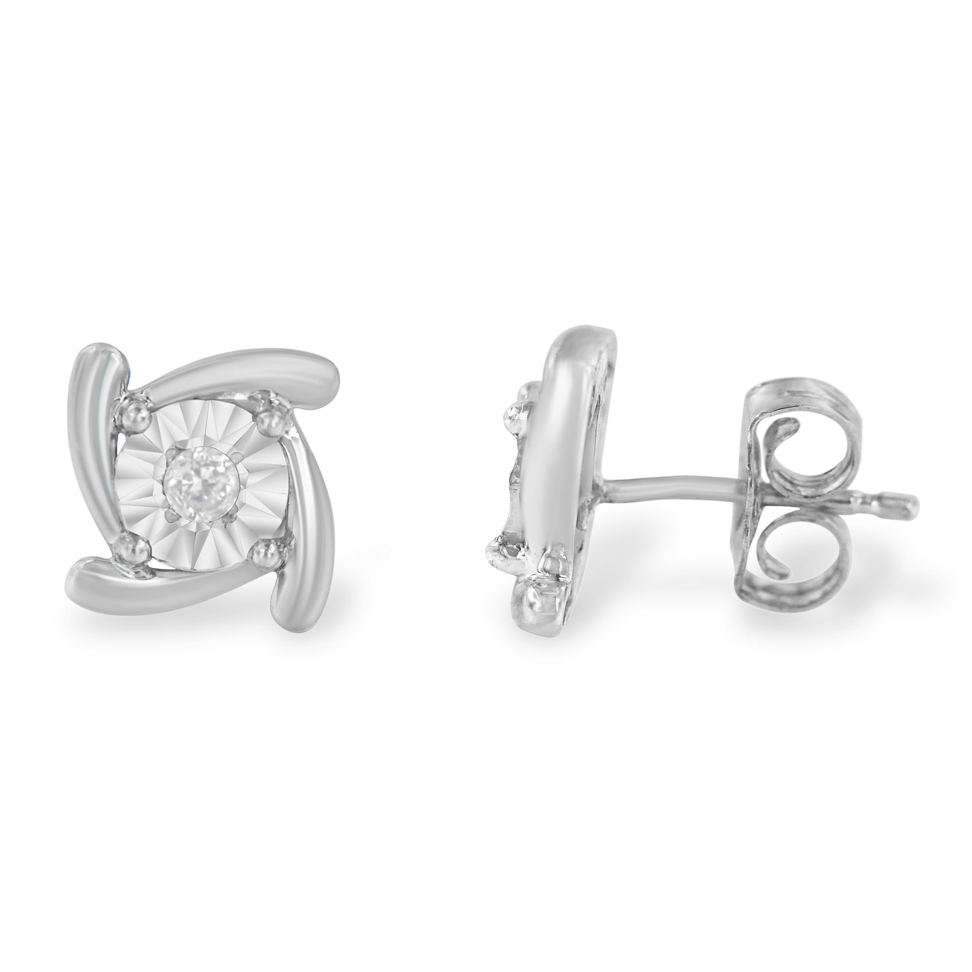Contemporary .925 Sterling Silver 1/10 Carat Round-Cut Diamond Square Pinwheel Stud Earrings For Sale