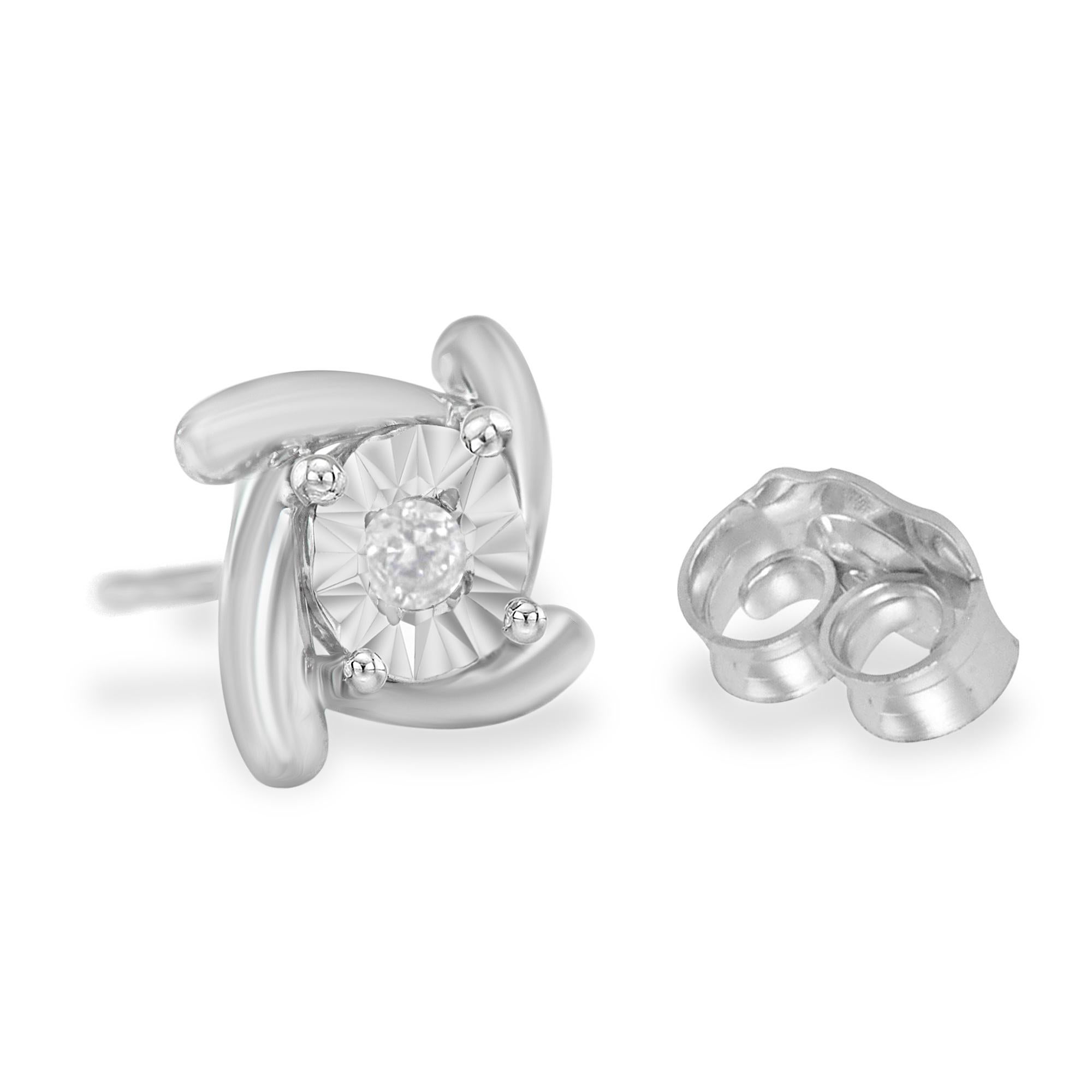 Round Cut .925 Sterling Silver 1/10 Carat Round-Cut Diamond Square Pinwheel Stud Earrings For Sale