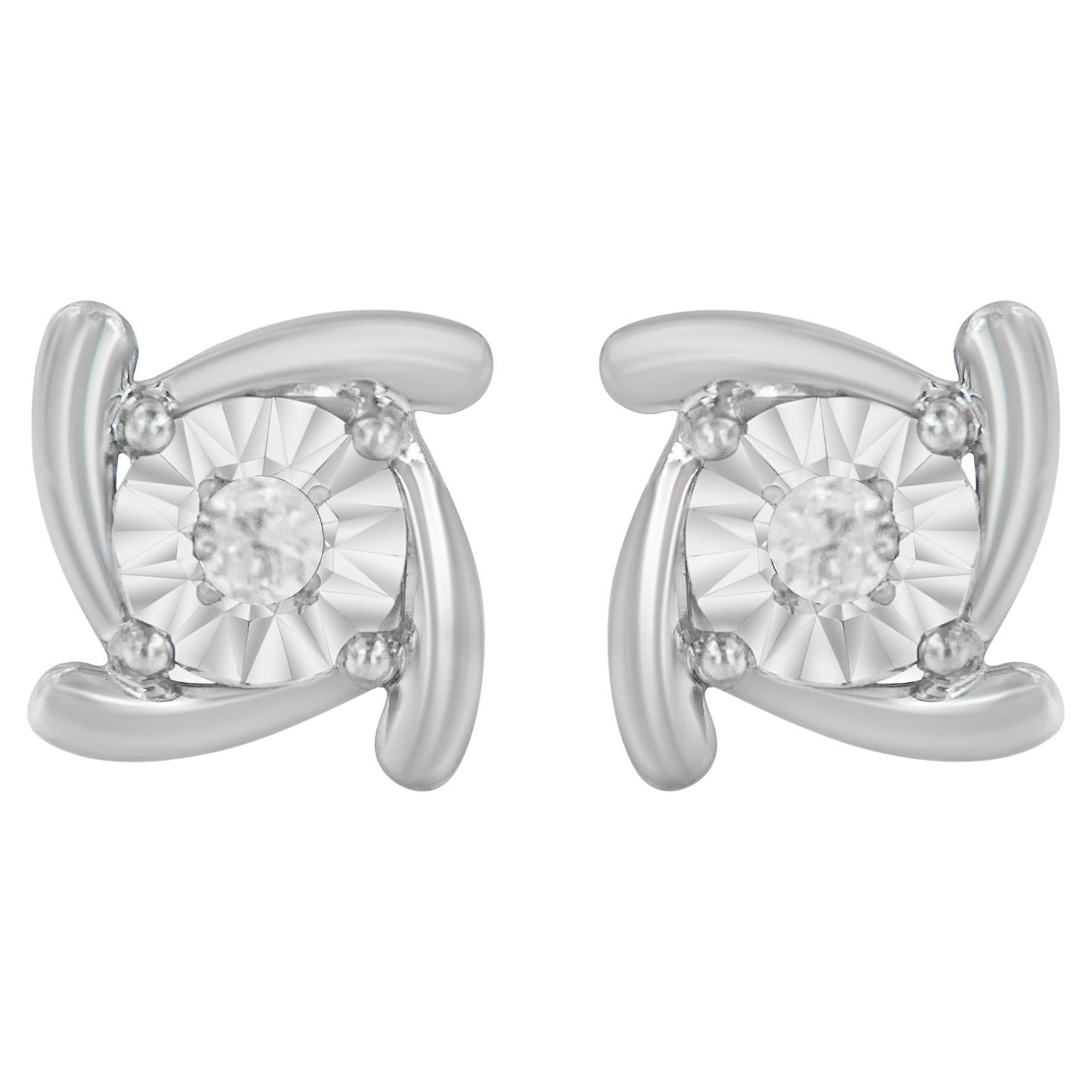 .925 Sterling Silver 1/10 Carat Round-Cut Diamond Square Pinwheel Stud Earrings For Sale