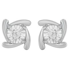 .925 Sterling Silver 1/10 Carat Round-Cut Diamond Square Pinwheel Stud Earrings