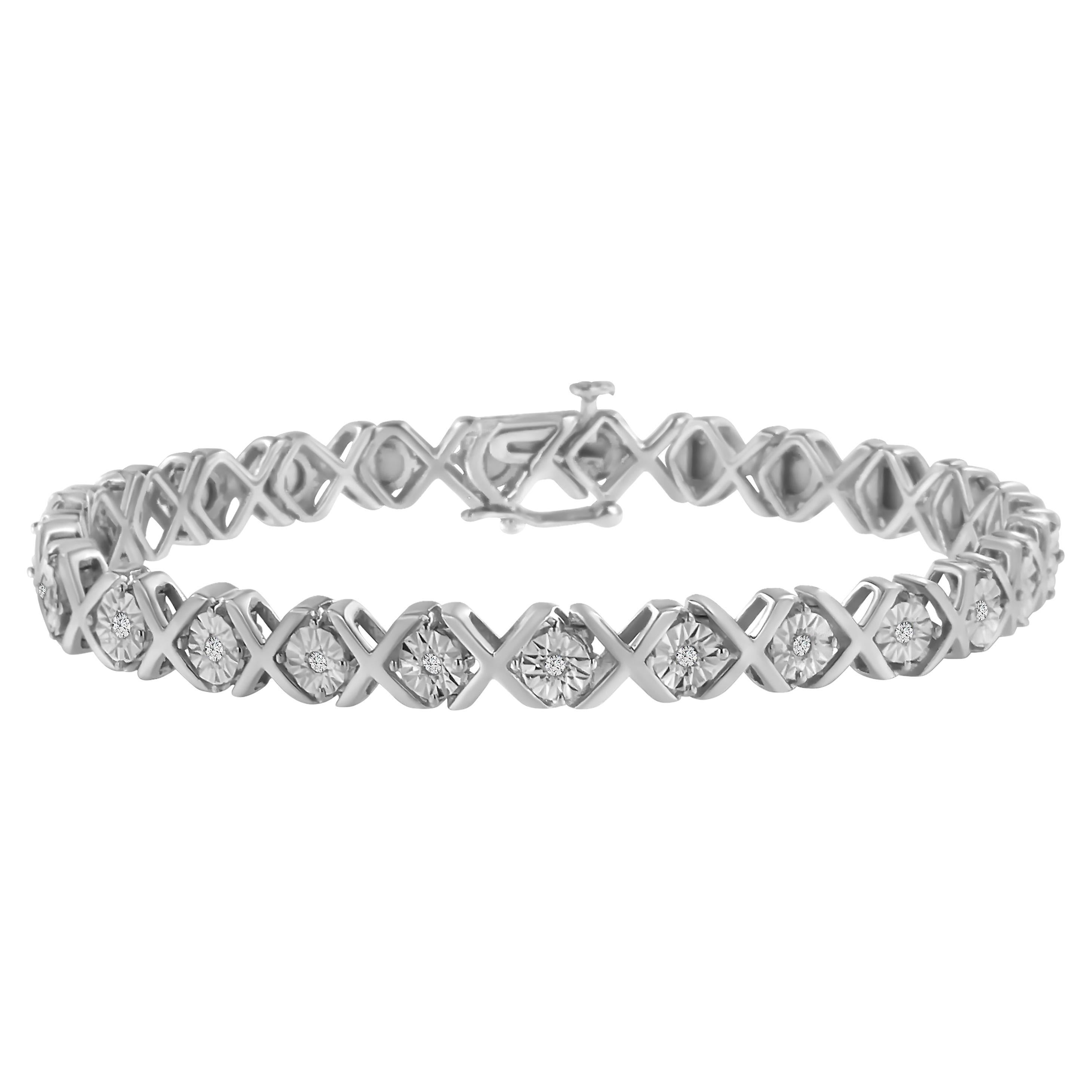 .925 Sterling Silver 1/10 Carat Round-Cut Diamond "X" Link Tennis Bracelet