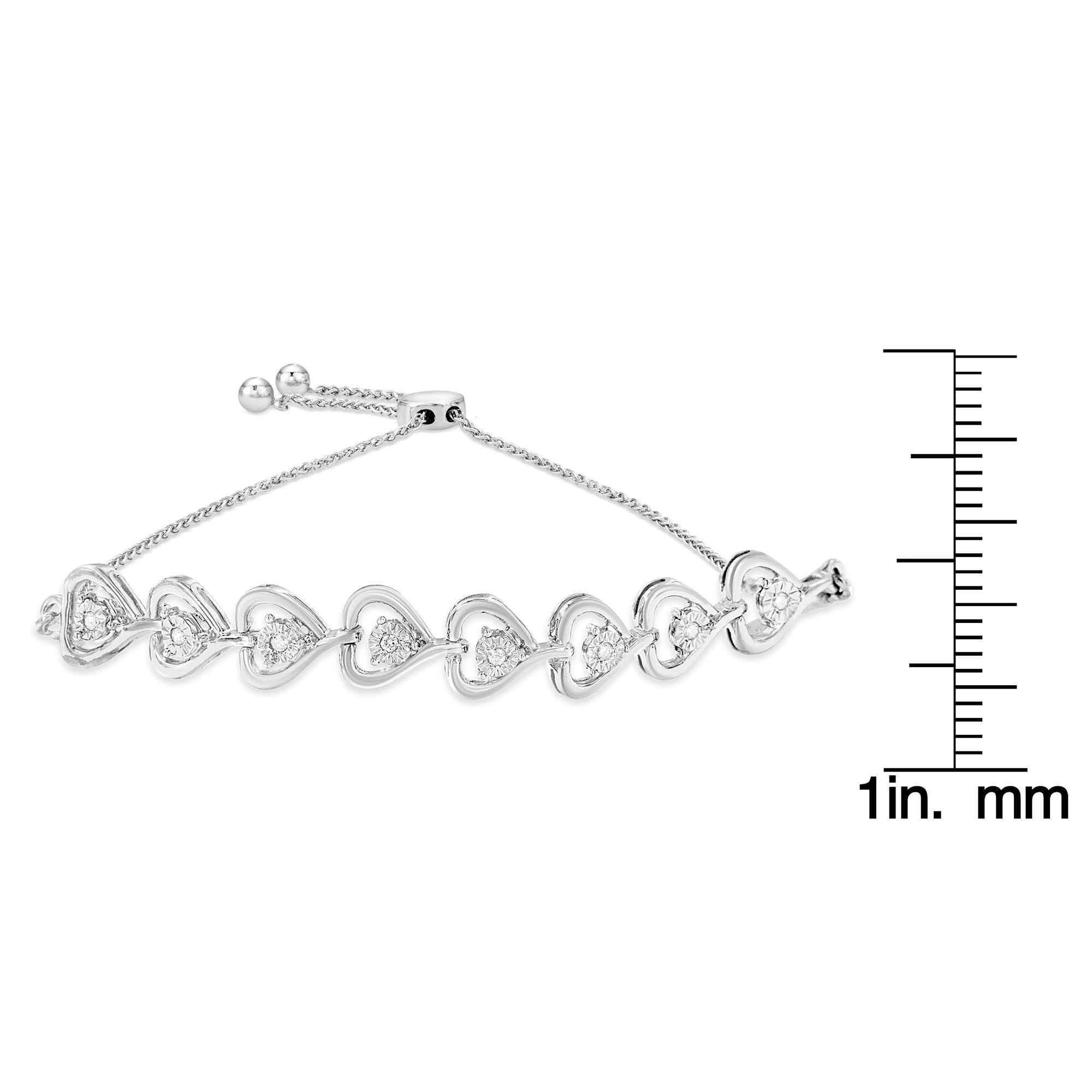 .925 Sterling Silver 1/10 Carat Round Diamond Woven Heart Link Bolo Bracelet For Sale 1