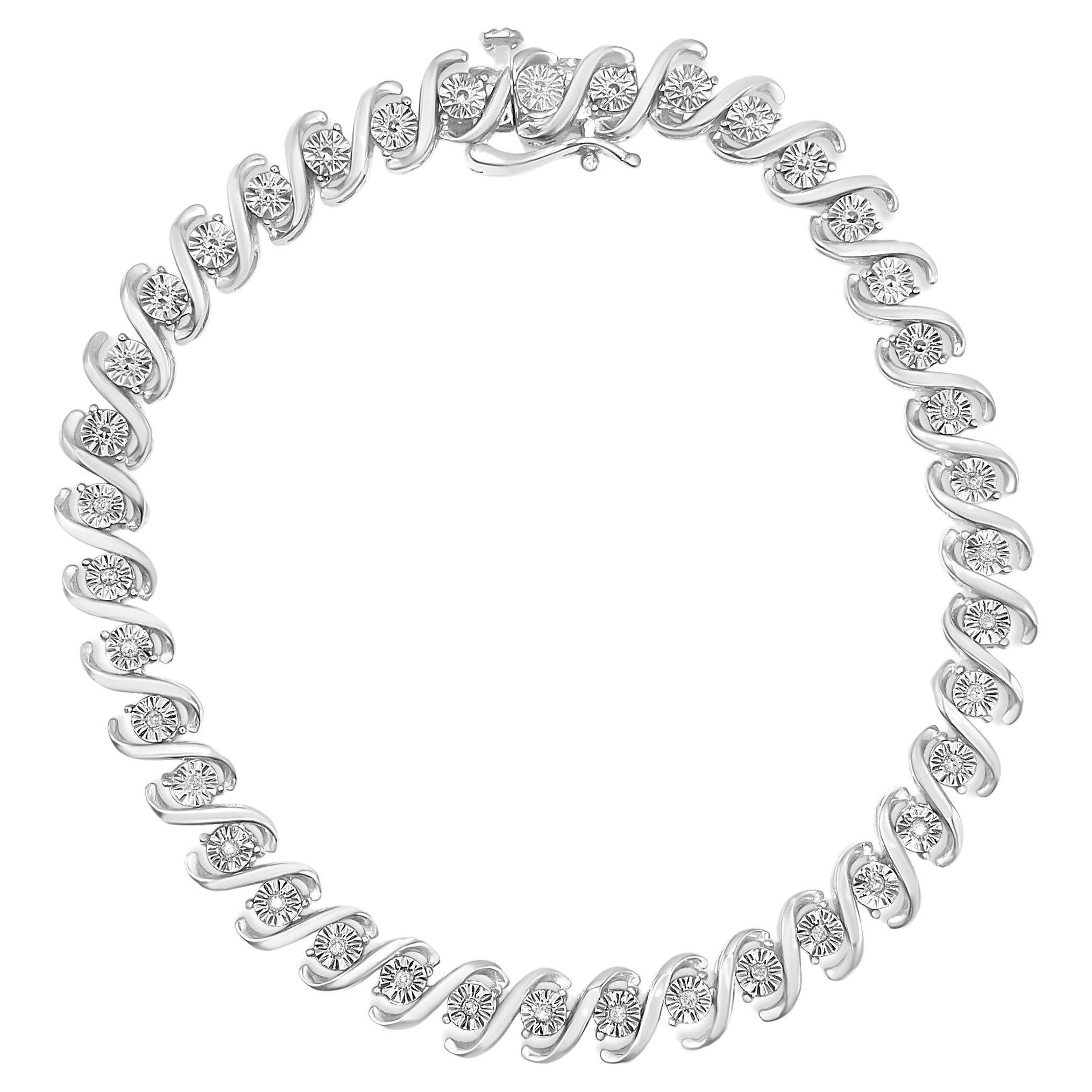 .925 Sterling Silver 1/10 Carat Round Miracle-Set Diamond "S" Tennis Bracelet  For Sale
