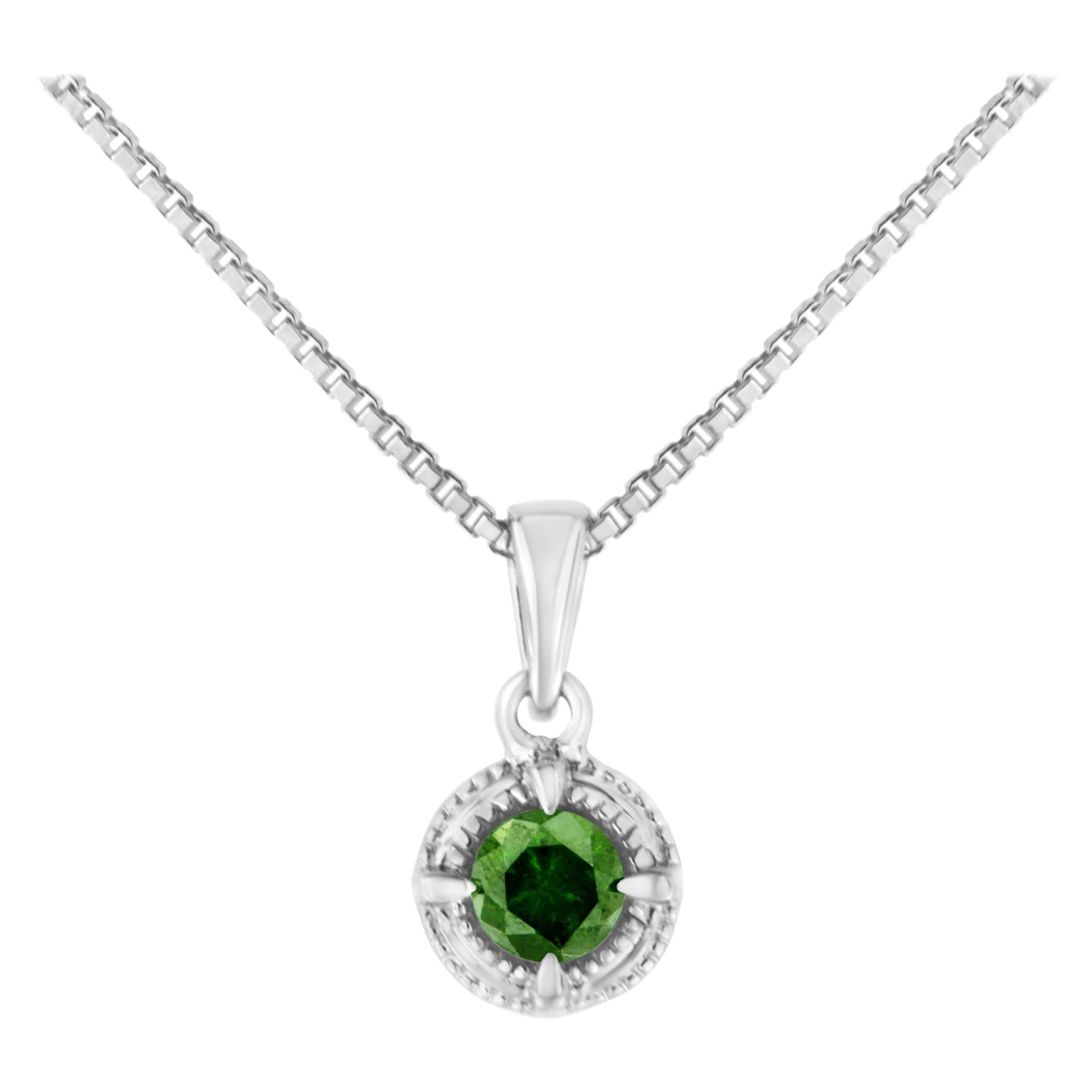 .925 Sterling Silver 1/10 Carat Treated Green Diamond Solitaire Pendant Necklace