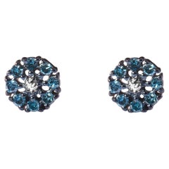 925 Sterling Silver 1/10 Cttw Blue Diamond Floral Cluster Stud Earrings