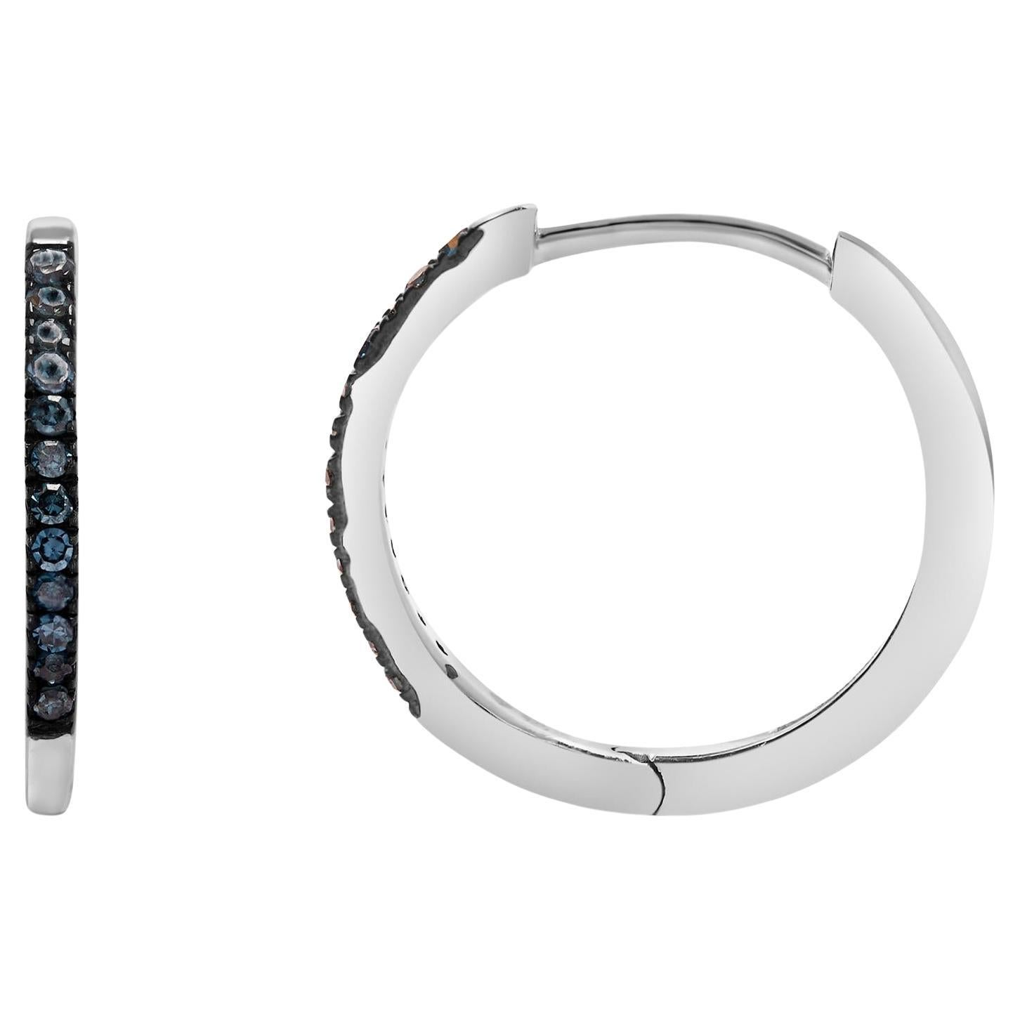 925 Sterling Silver 1/10 Cttw Blue Diamond Hoop Hoop Post Snap Earrings en vente