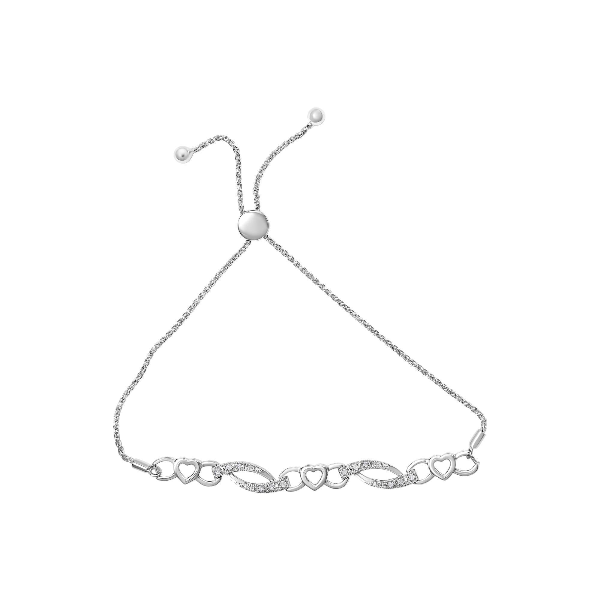 Moderne .925 Sterling Silver 1/10 Cttw Diamond Heart Link Adjustable Bolo Bracelet en vente