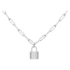 .925 Sterling Silver 1/10 Cttw Diamond Lock Pendant 16" Paperclip Chain Necklace