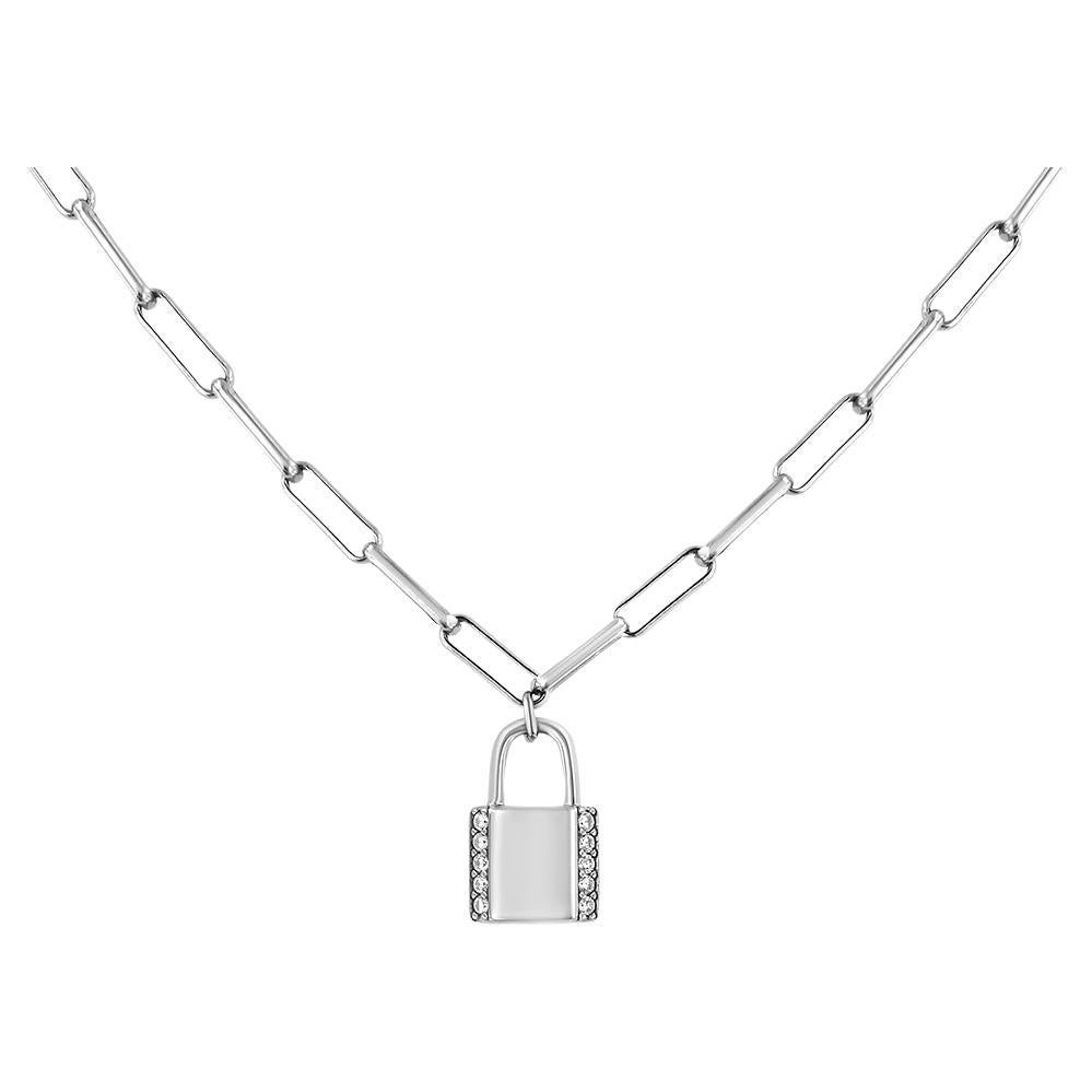 .925 Argento Sterling 1/10 Cttw Diamond Lock Pendant 20" Paperclip Chin Necklace