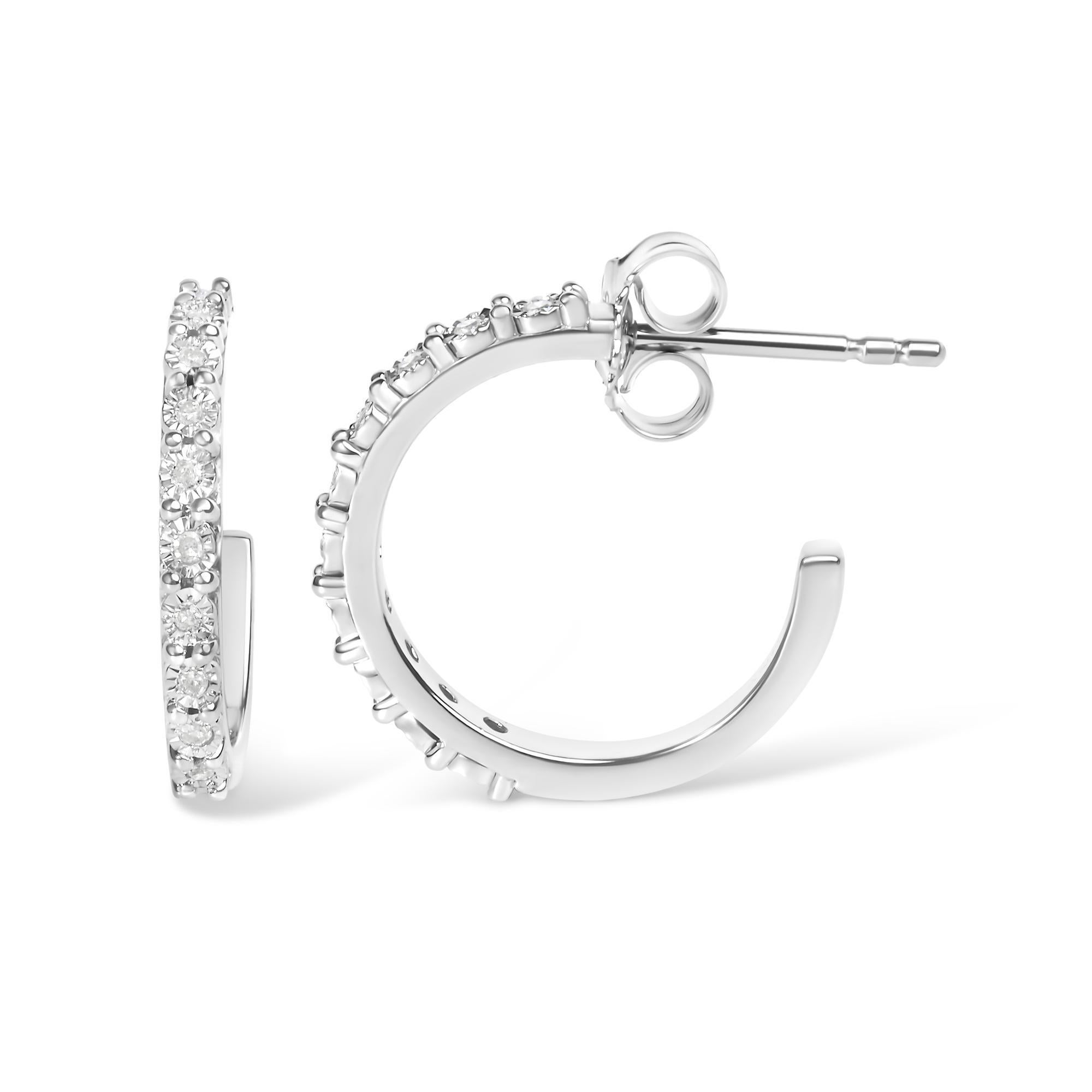 Moderno .925 Sterling Silver 1/10 Cttw Diamond Miracle Set J-Hoop Earrings in vendita