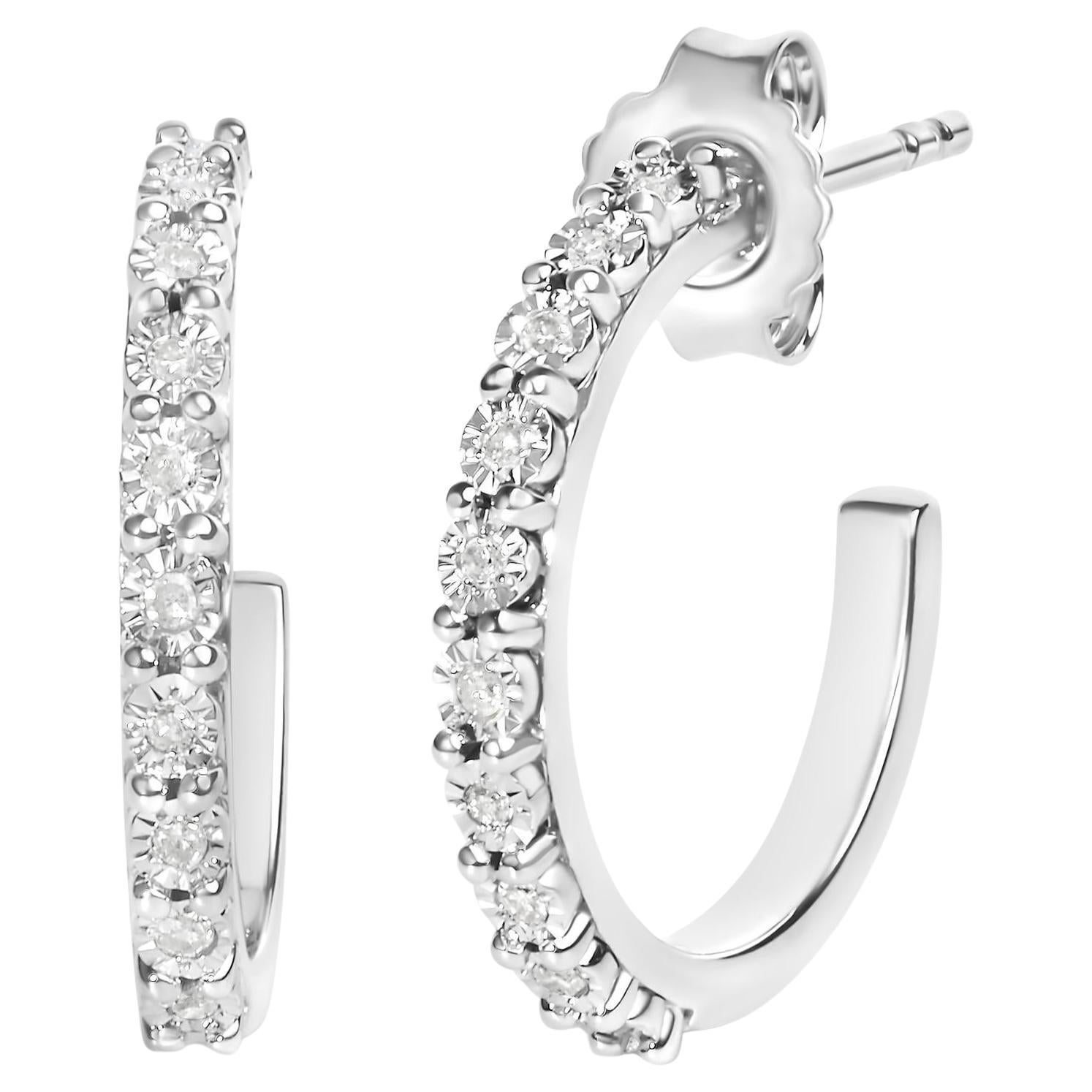 .925 Sterling Silver 1/10 Cttw Diamond Miracle Set J-Hoop Earrings