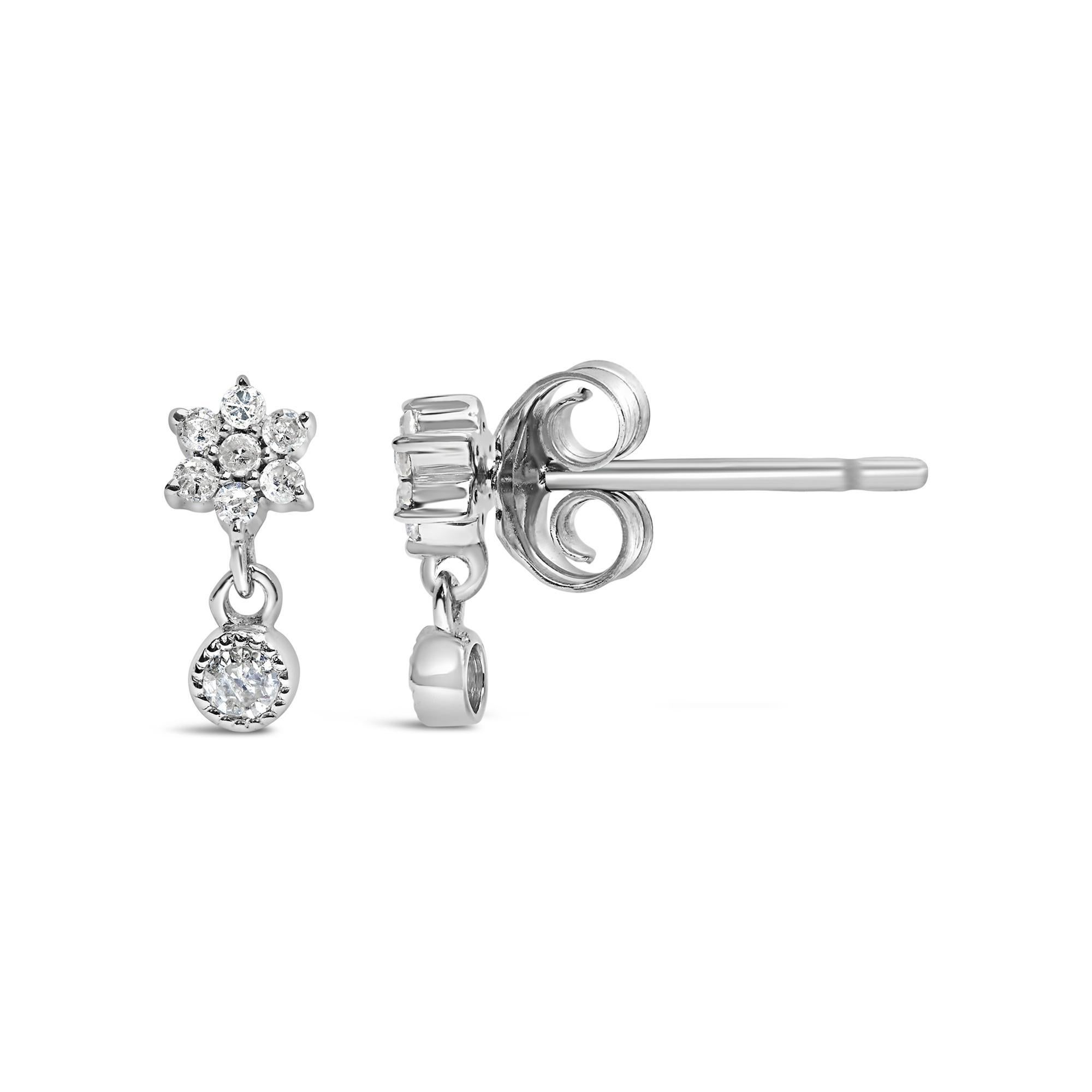 Moderno .925 A. Silver 1/10 Cttw Diamond Star Stud with Bezel Drop Dangle Earrings (orecchini a goccia con castone) in vendita
