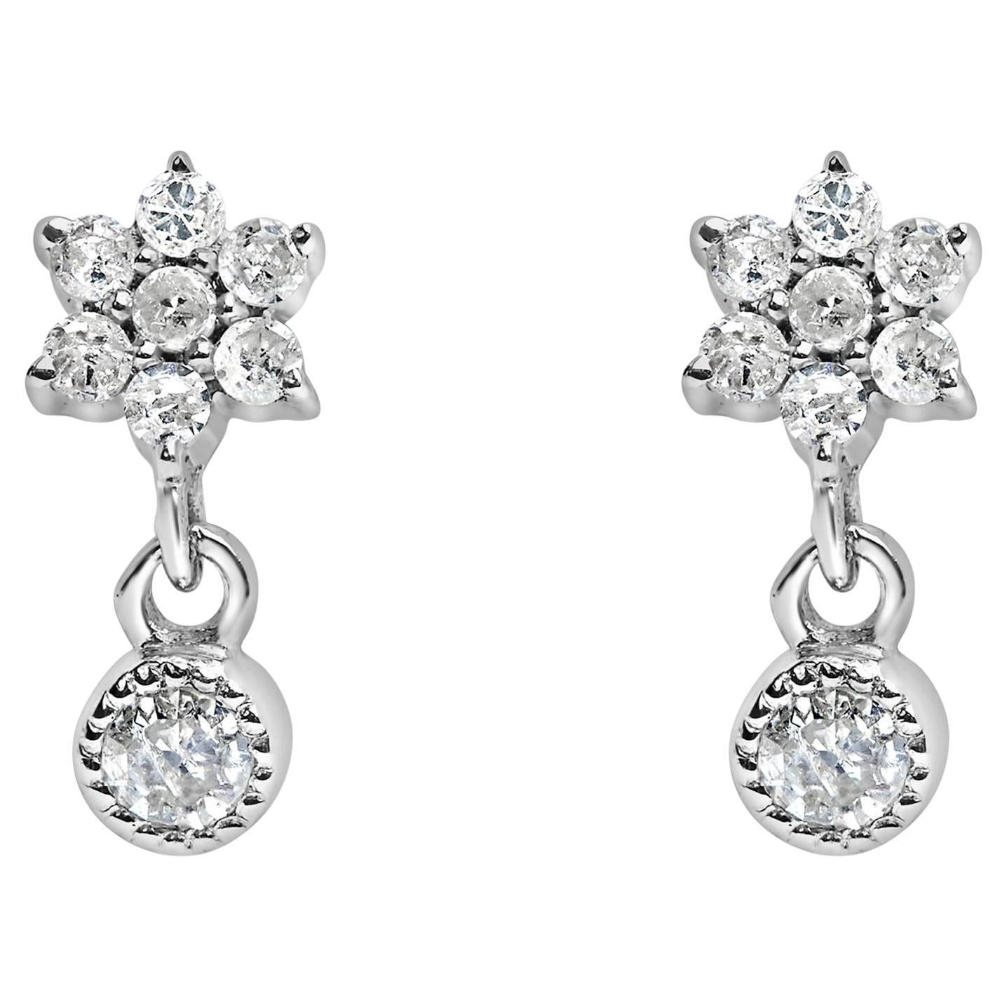 .925 Sterling Silver 1/10 Cttw Diamond Star Stud with Bezel Drop Dangle Earrings