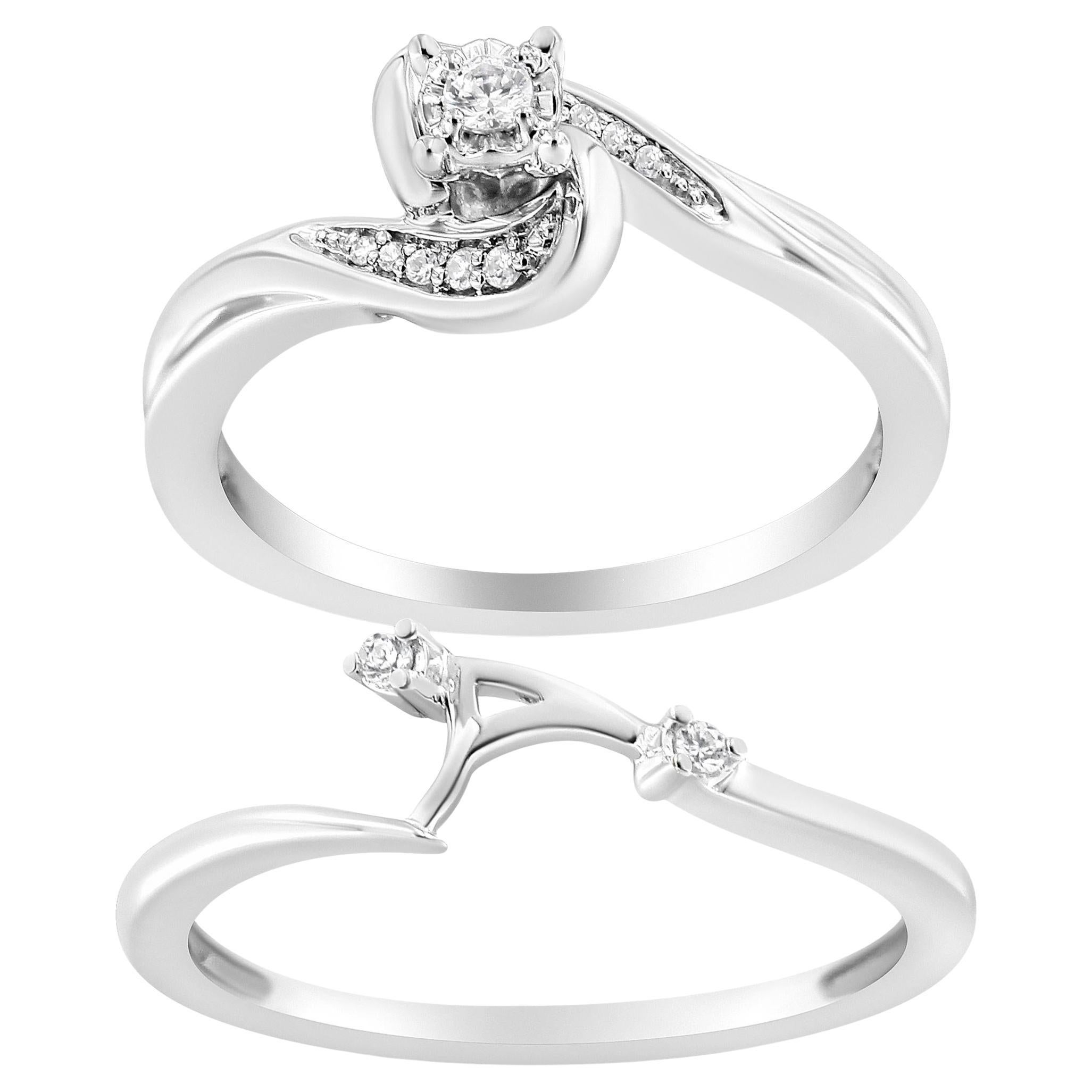.925 Sterling Silver 1/10 Cttw Diamond Swirl and Bypass Bridal Set Ring and Band