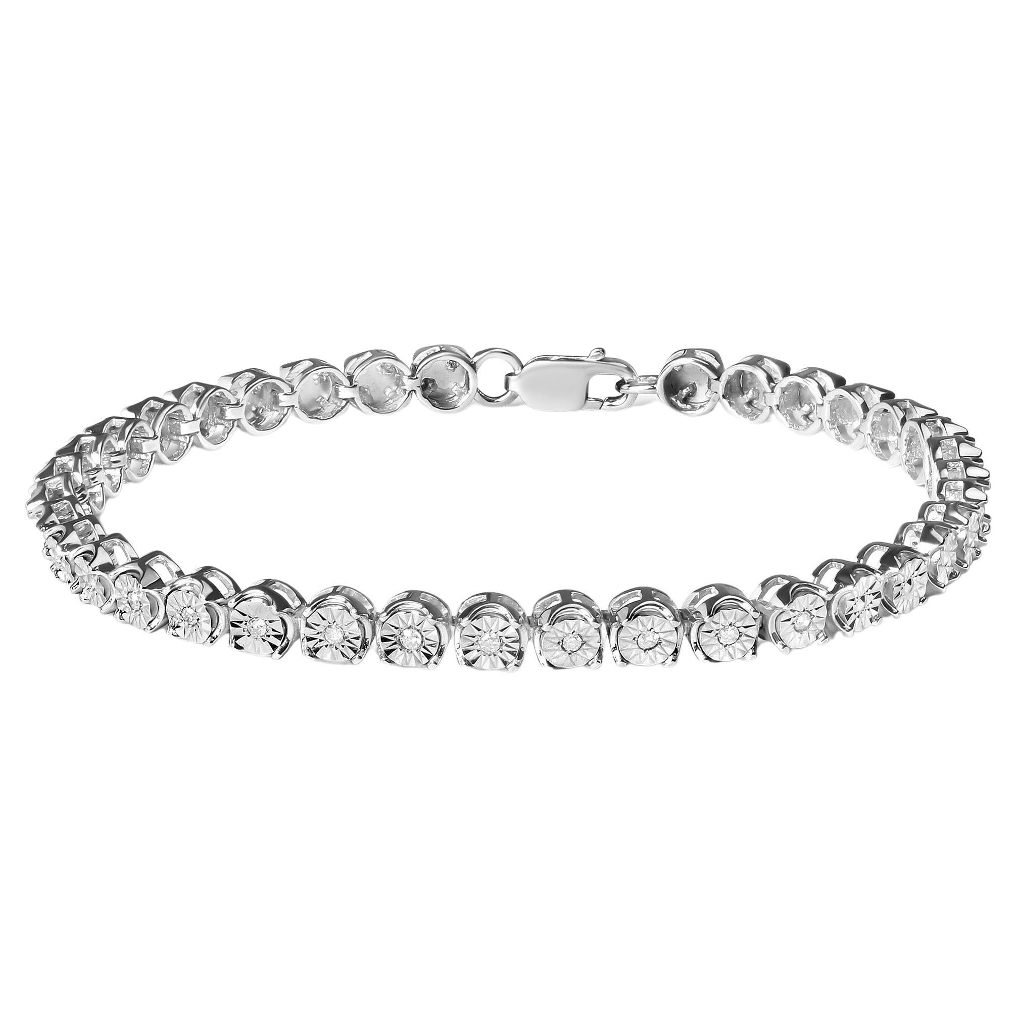 .925 Sterling Silver 1/10 Cttw Miracle Set Diamond and Bead Link Tennis Bracelet For Sale
