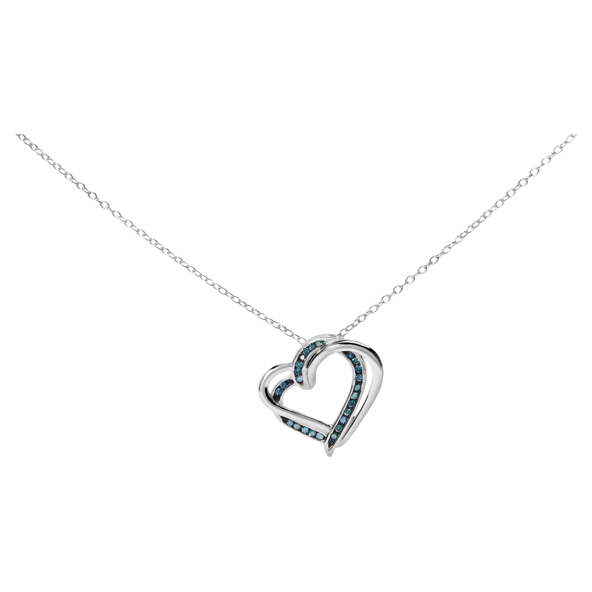 Collana con ciondolo a doppio cuore in argento 925 con diamanti blu trattati da 1/10 Cttw