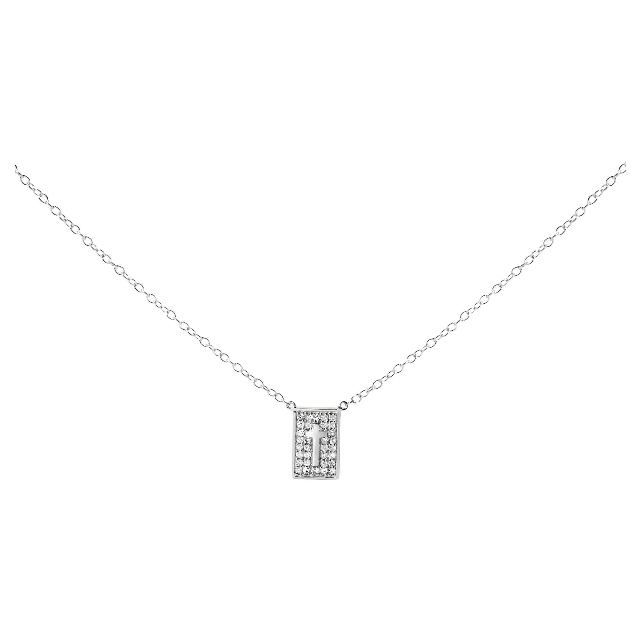 .925 Sterling Silver 1/10 Ctw Diamond Inlaid Cross Dog Tag Pendant Necklace