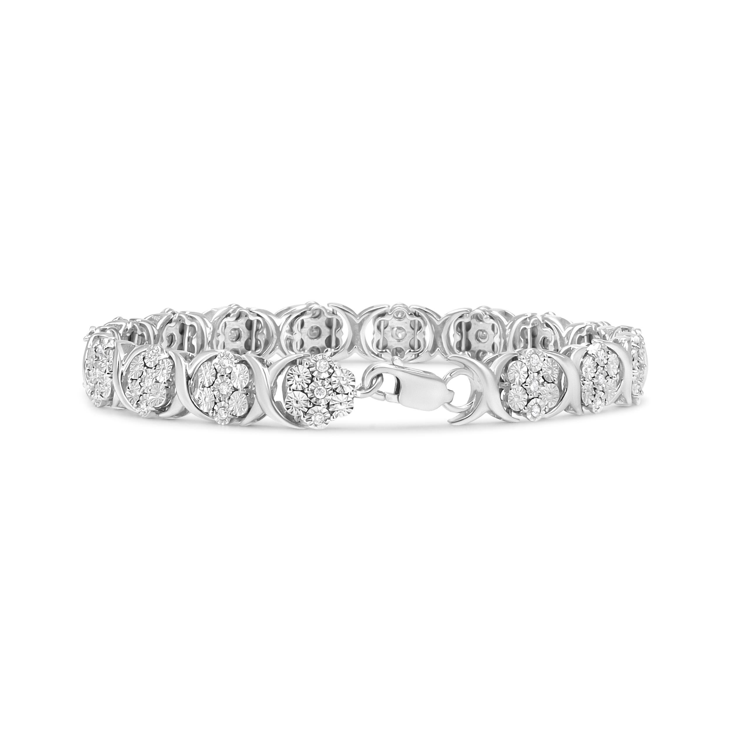 A different take on the typical diamond bracelet, this eye-catching design is highlighted by the 51 natural round diamonds in miracle setting that form beautiful floral clusters. Housed in a .925 Sterling Silver chain, the striking piece radiates