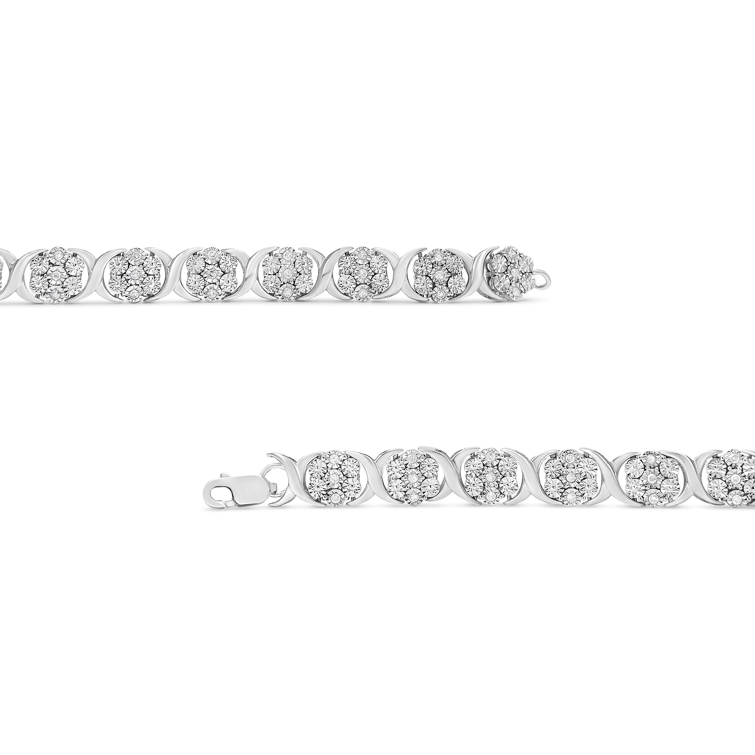 Modern .925 Sterling Silver 1/2 Carat Diamond 7 Stone Floral Cluster Link Bracelet For Sale