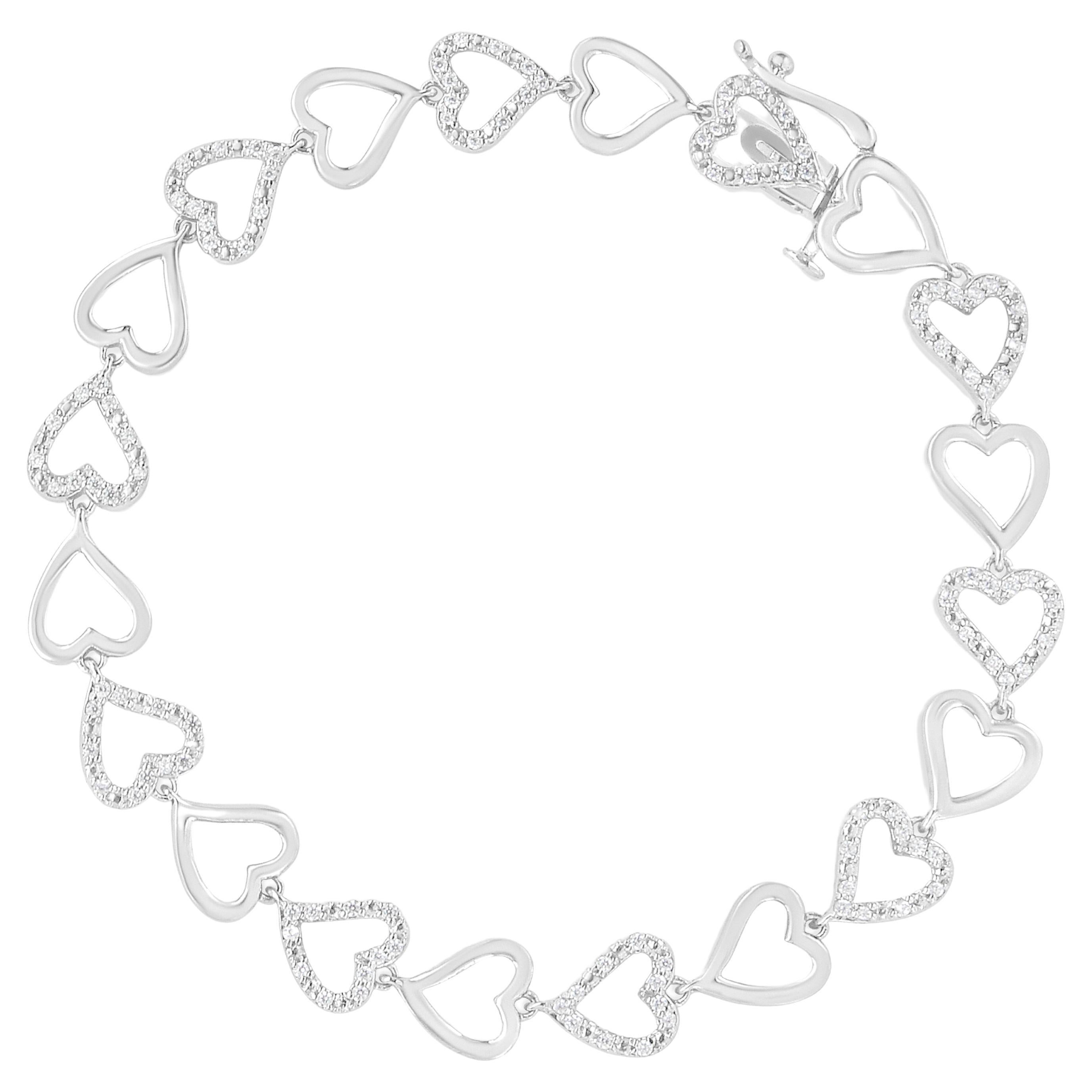 .925 Sterling Silver 1/2 Carat Diamond Alternating Heart Link Bracelet For Sale