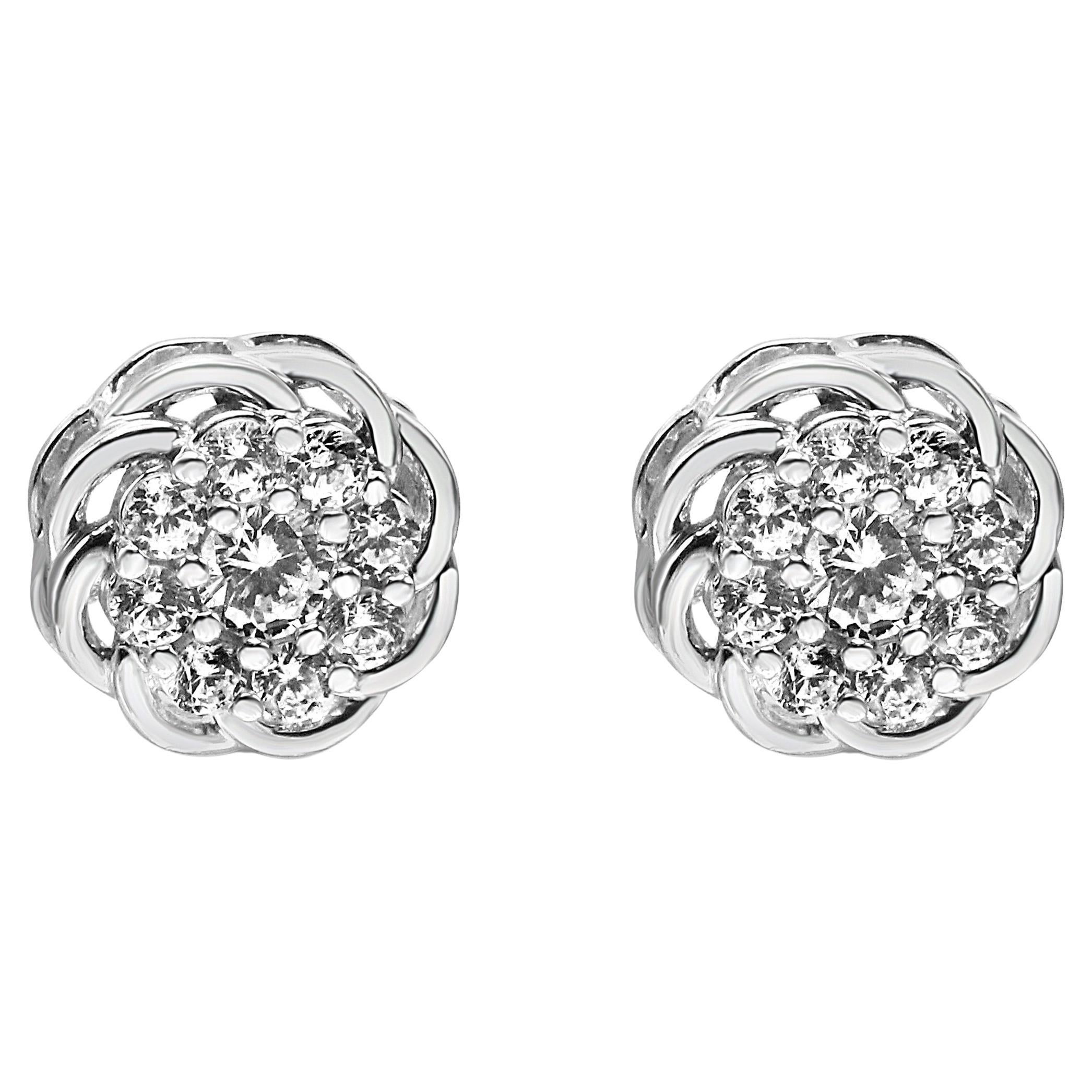 .925 Sterling Silver 1/2 Carat Diamond Cluster Openwork Floral Halo Stud Earring